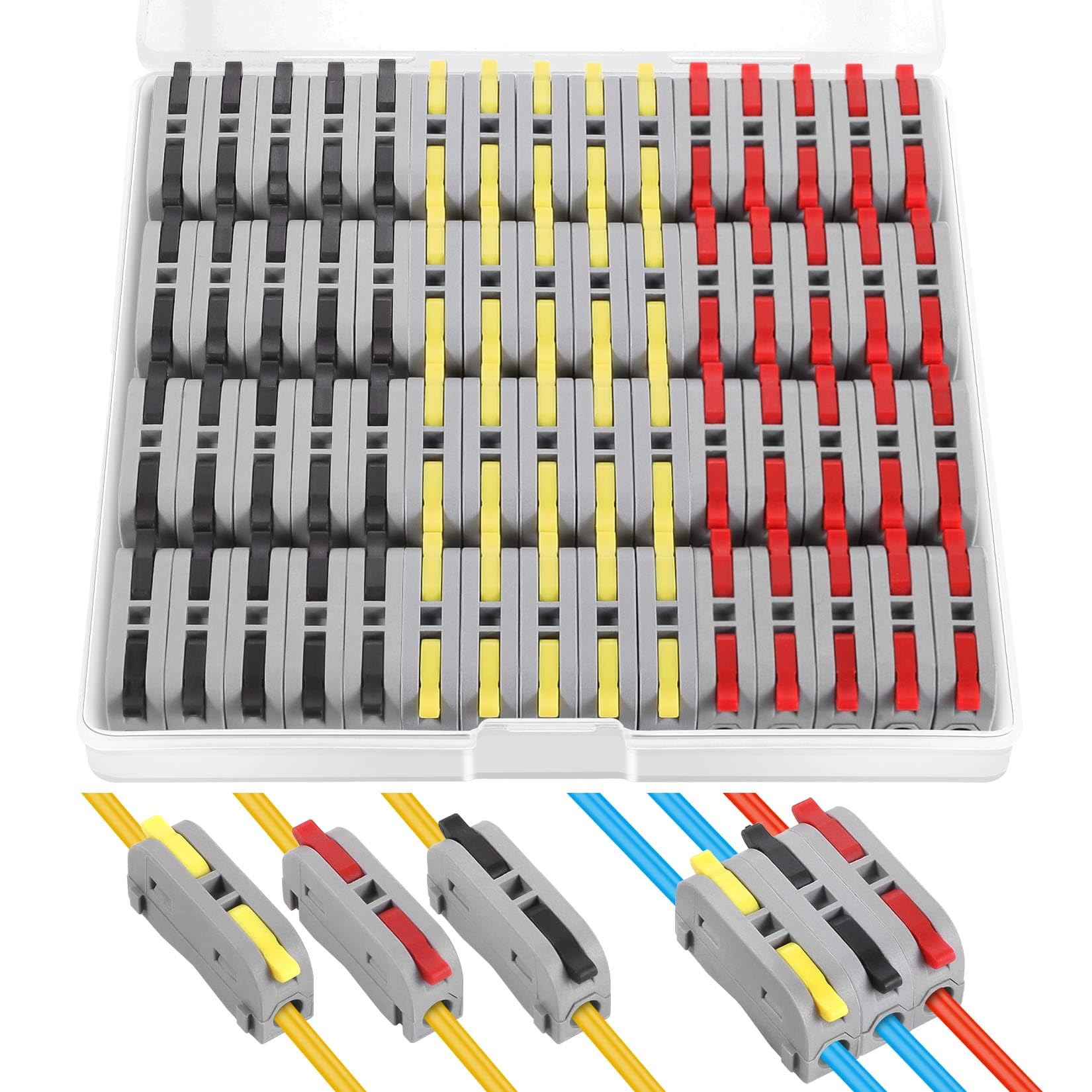 60 Pcs XHF Black, Red & Yellow Conductor Compact Connectors Lever Nuts, Electrical Wire Terminals for Any Circuit Inline Splices 28-12 AWG (SPL-1)