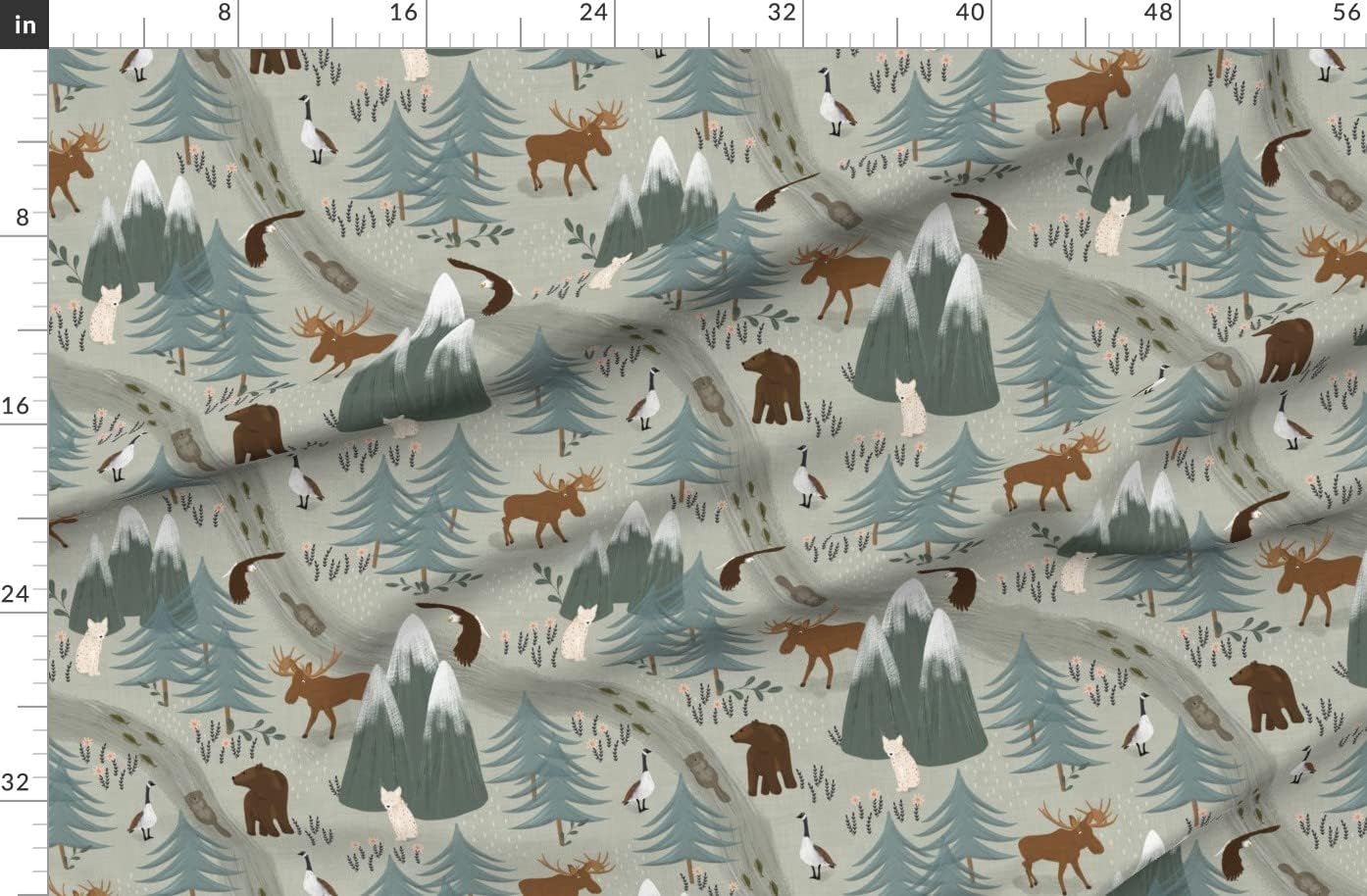 Spoonflower Fabric - Canada Forest Winter Goose Moose Salmon Wildlife Printed on Organic Cotton Sateen Fabric by The Yard - Sewing Quilting Apparel Home Decor