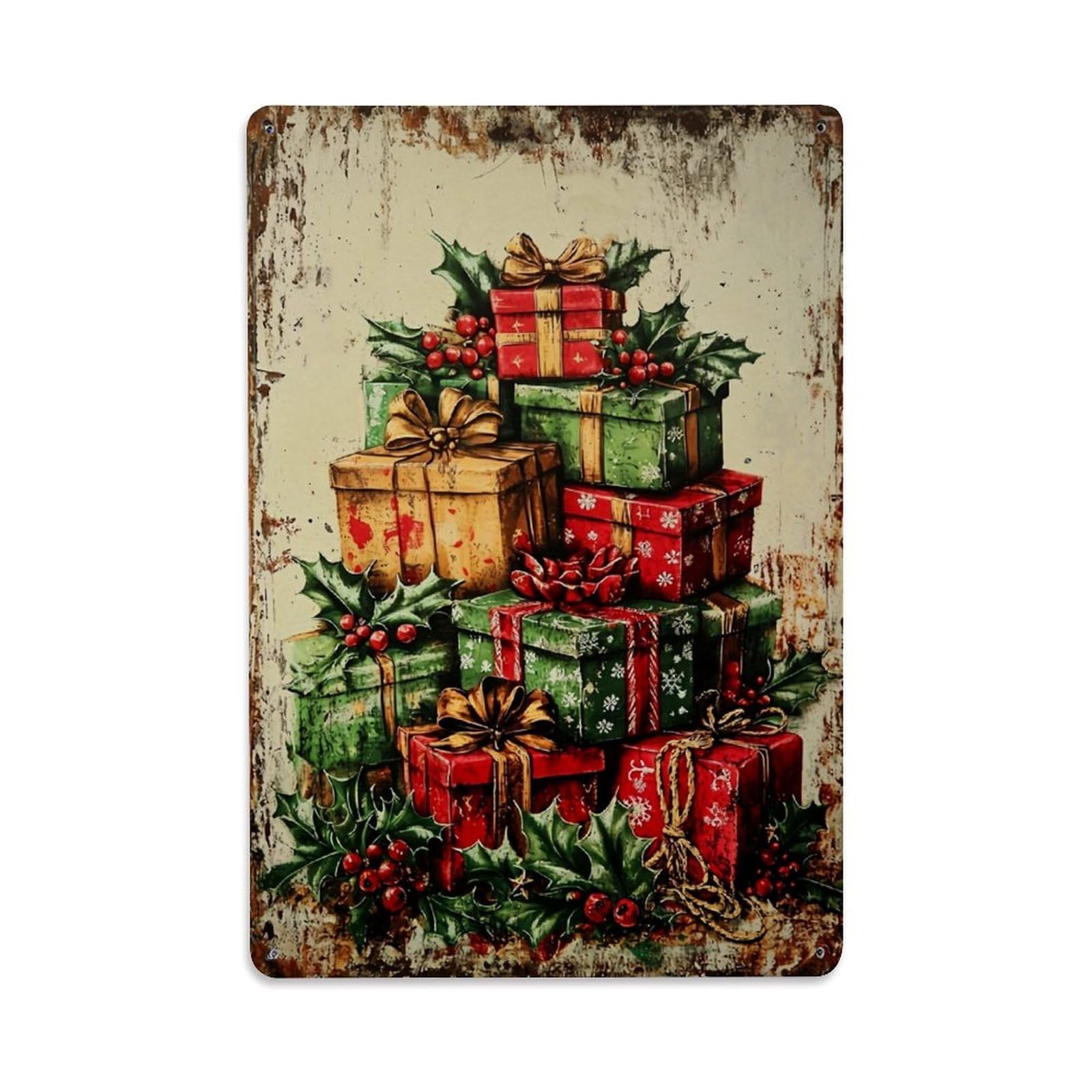 Jdfenggu Vintage Christmas Gift Boxes Holly Berries Retro Metal Tin Sign, Decor Art Poster For Bar, Home, Man Cave, Kitchen, Laundry Room Gift 8X12inch