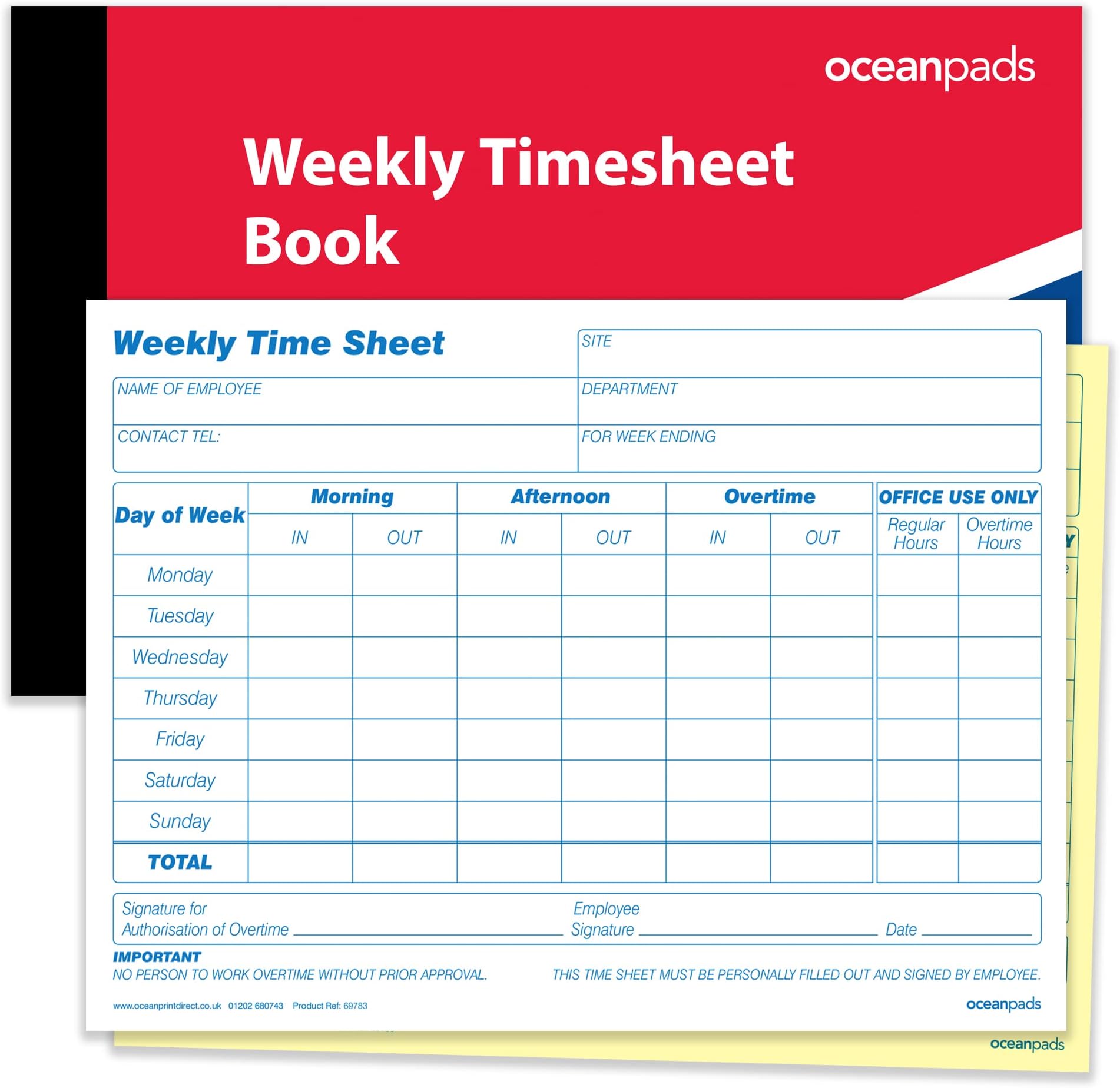 Weekly Employee Timesheet Book for Construction & Trades, Healthcare & Agency Staff, Transportation & Delivery Services. A5, Duplicate 2-Part NCR Carbonless Paper, 52 Sets per Book (Product 69783)
