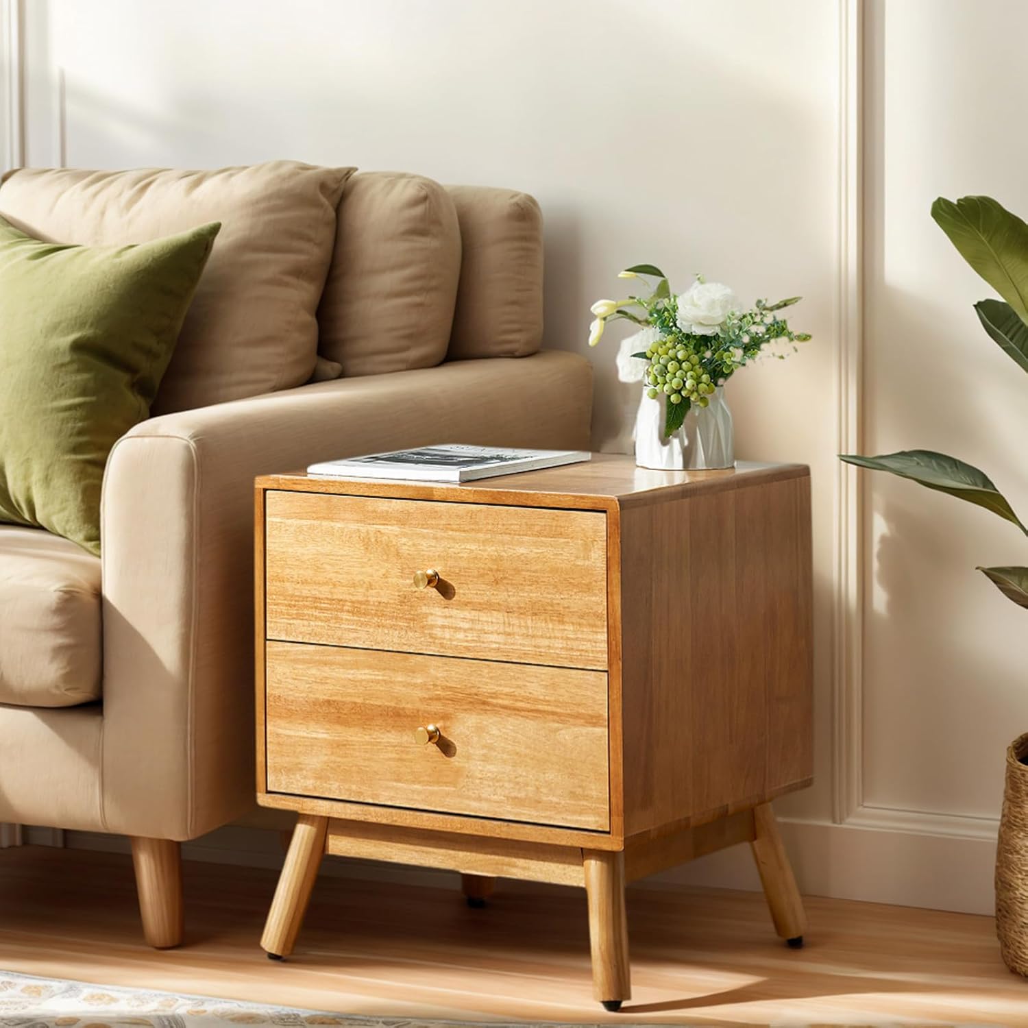 artswish wood nightstand with drawers & charging station, mid-century modern nightstand, natural solid wooden bedside table end table, wooden side tables for bedroom