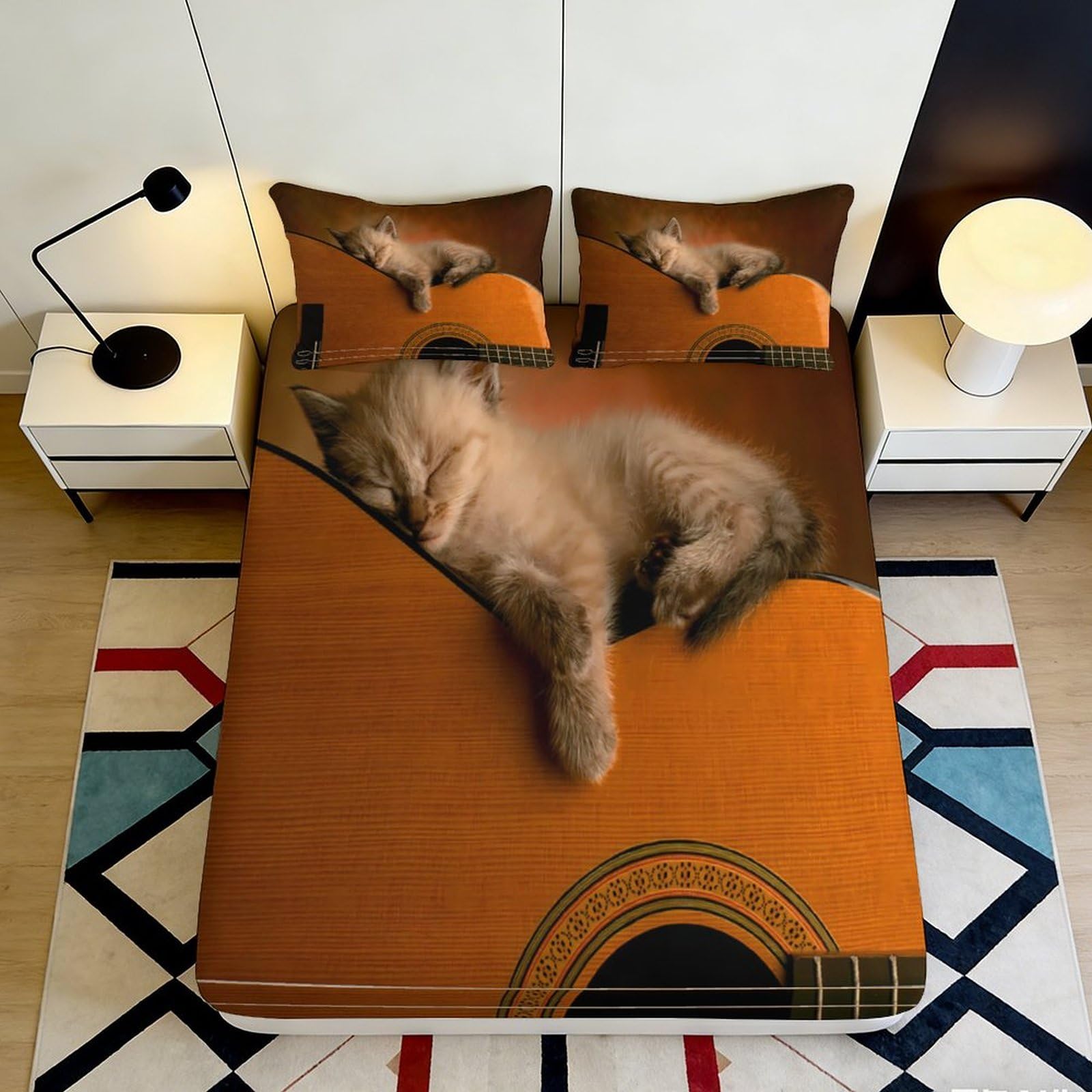 Pnayamiorkfel Style-6 3D Printed Sleeping Kitten Guitar Fitted Sheet Microfiber Soft Bed Cover For Bedroom Guest Room Easy Care Decor 90X200x25cm