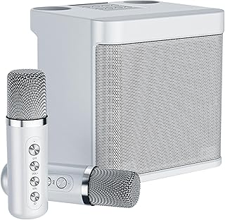 Karaoke Machine with 2 Microphones | Portable Karaoke System Speaker | Family Party Singing Artifact, Fun Voice Changing Function, 2 Wireless Microphones D/g, White