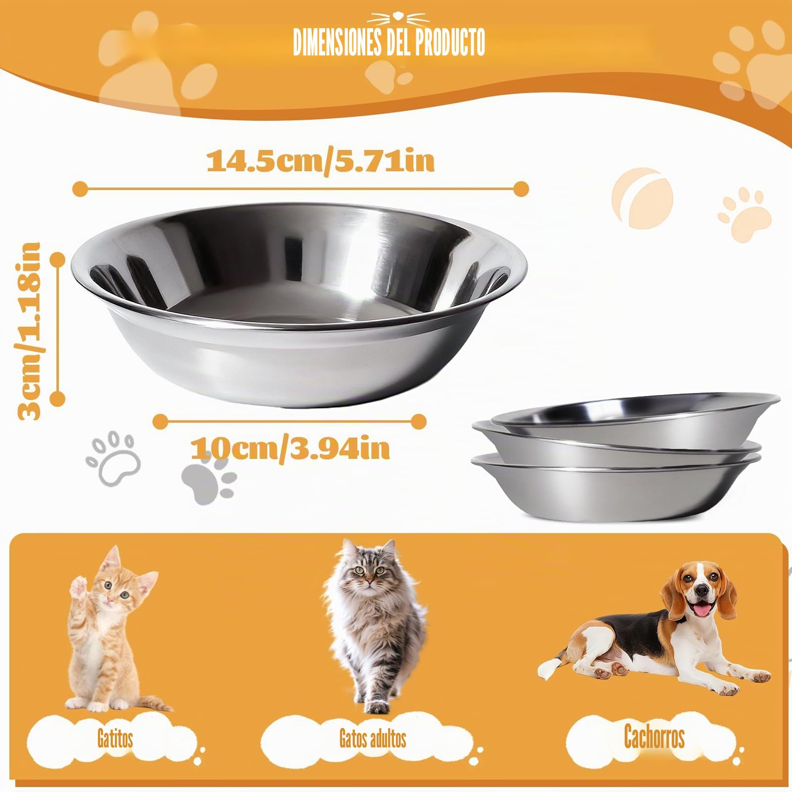 6 Piezas Cuenco para Gato Inoxidable 304, Cuenco Plano para Gatos Aliviar La Fatiga de Los Bigotes, para Alimentación de Cachorros Gatos 14,5 × 3 cm