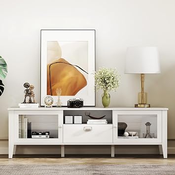 Bonzy Home TV Stand for 65 70 inch TV, Modern Entertainment Center with Glass Doors, 63" TV Console with Storage Drawer, Media Console for Living Room, Bedroom, White
