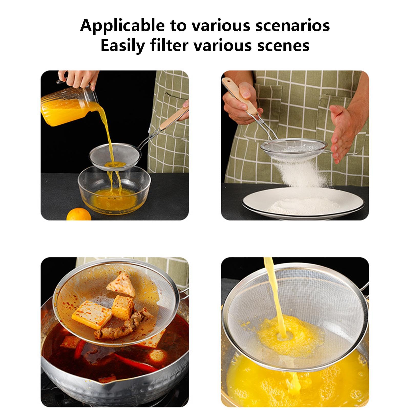 Colador de alimentos de malla, colador de cuchara de cocina de mango largo, cuchara de cocina de grasa y espuma para verduras, café, harina, azúcar, cacao en polvo