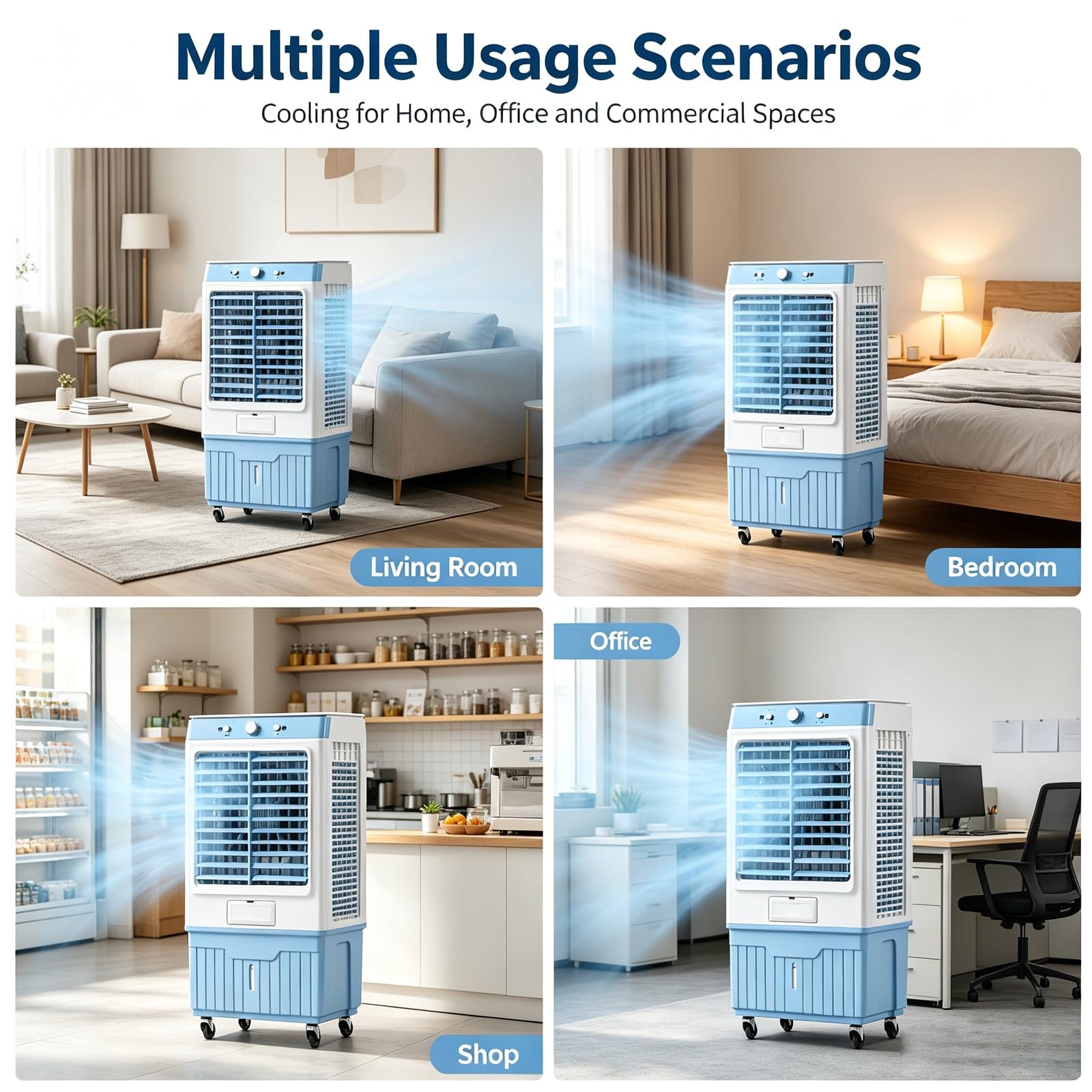 Enfriador de Aire Evaporativo Climatizador Portátil Gran Tanque de Agua | Cuerpo de Plástico, 220W, Doble Tanque de Agua, 4 Cajas de Hielo, 4 Ruedas Giratorias, Azul