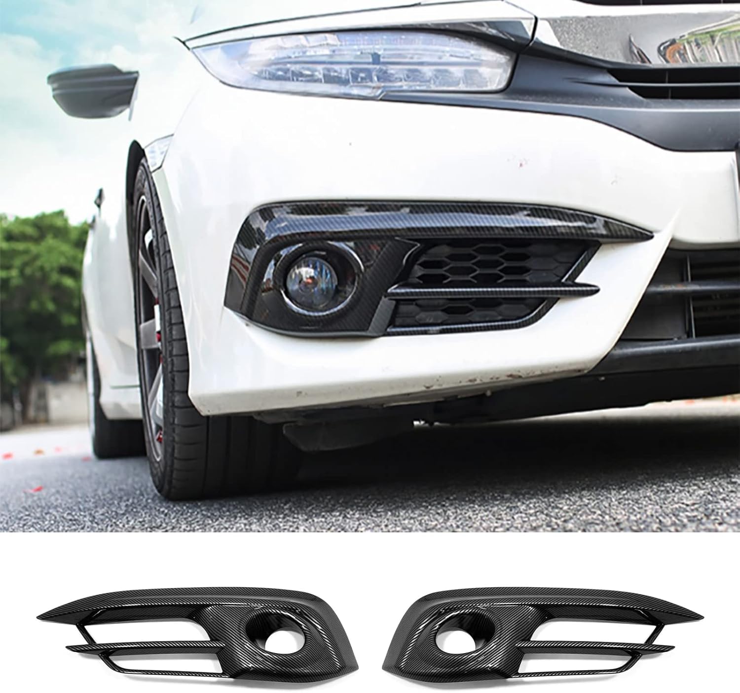 Car Accessories Fit for Honda Civic 10th Gen 2016 2017 2018 Front Fog Light Bezel Frame Cover Trim (Carbon Fiber Style) ABS 2PCS