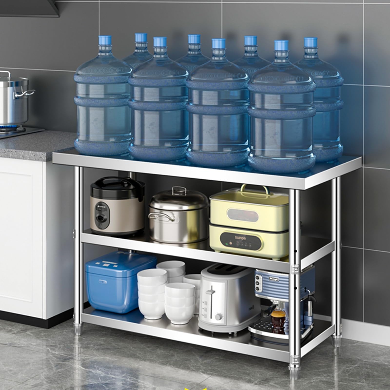 Mesa de Trabajo de Cocina para el hogar con Tres estantes de Almacenamiento, Mesa de preparación de Acero Inoxidable, Mesa de encimera Comercial Multifuncional, Mesa de Metal (80 x 50 x 80 c