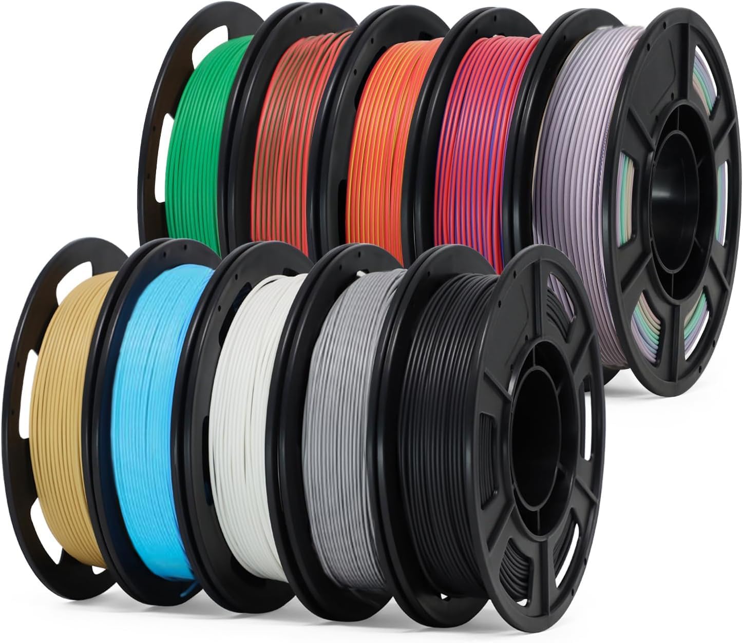 YOUSU Matte PLA 3D Filament 1.75mm Bundle - 10x250g (10 Rolls) - Black, White, Light Brown, Light Gray, Green, Cyan, Red& Blue, Red1 Yellow Blue2, Red2 Green Blue2, Macaron Rainbow