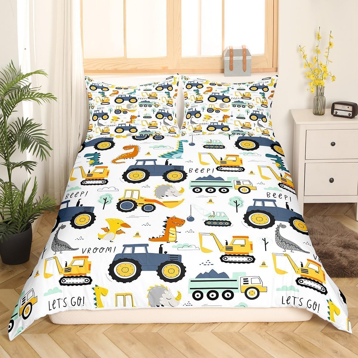Homewish Cartoon Car Boys Bedding Single Microfiber Reversible Kids Dinosaur Single Duvet Cover Set for Boys Teens Cute Tractor Excavator Pattern Bedding Sets - Image 2