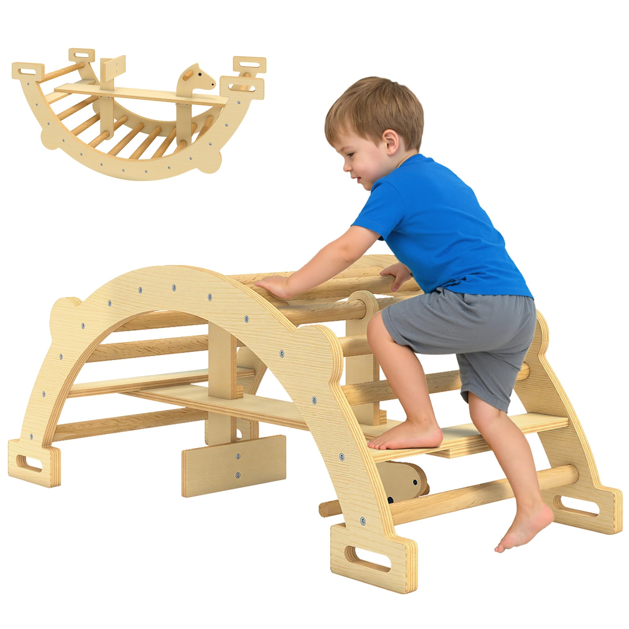 AIYAPLAY 2 en 1 Arco de Escalada de Madera y Caballito Balancín, Estructura de Escalada Montessori, Juguetes Educativo de Interior para Niños de 2-4 Años, Natural