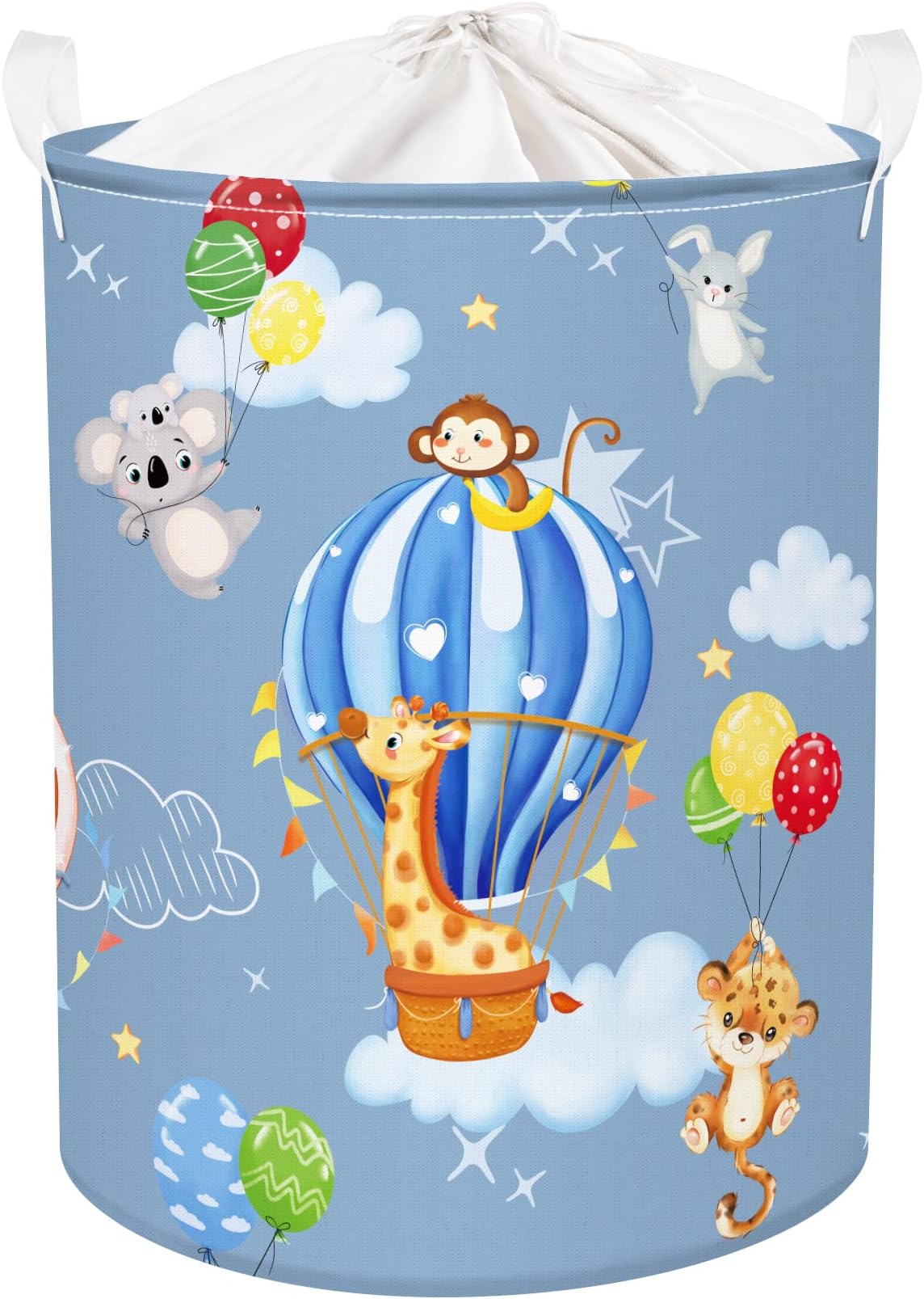 Clastyle 45L Animals Giraffe Monkey Balloon Blue Children Laundry Hamper Koala Clouds Round Toy Clothes Storage Basket for Kids Room, 14.2x17.7 in