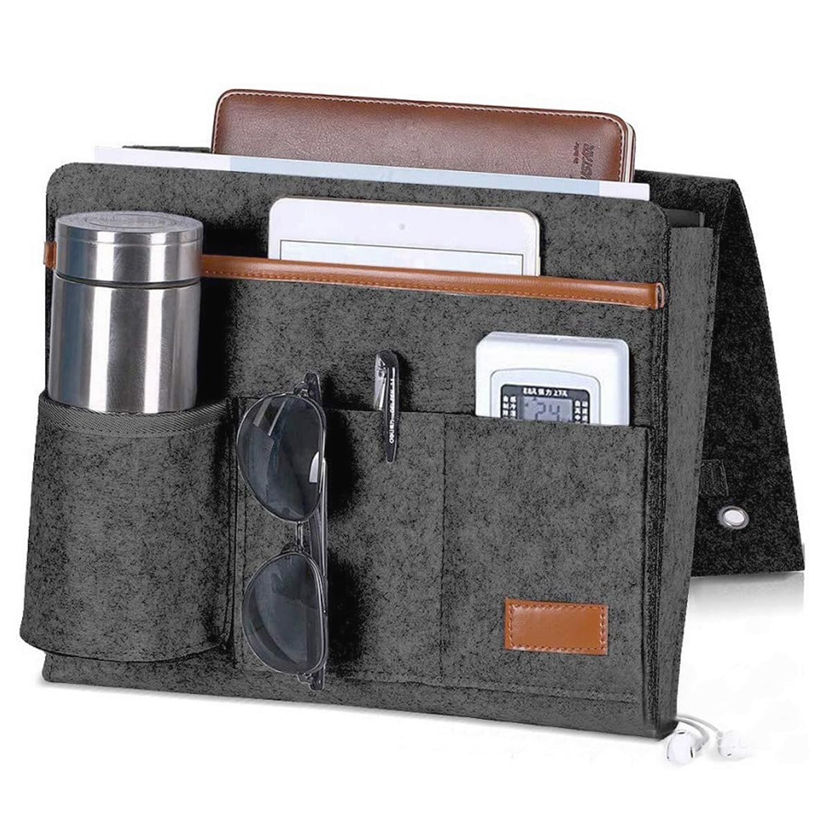 Bringsine Bedside Caddy, Felt Bed Storage Organizer Hanging Bag Holder with 5 Pockets for Magazine Book Phone Tablet iPad Cables Remote & Water Bottle