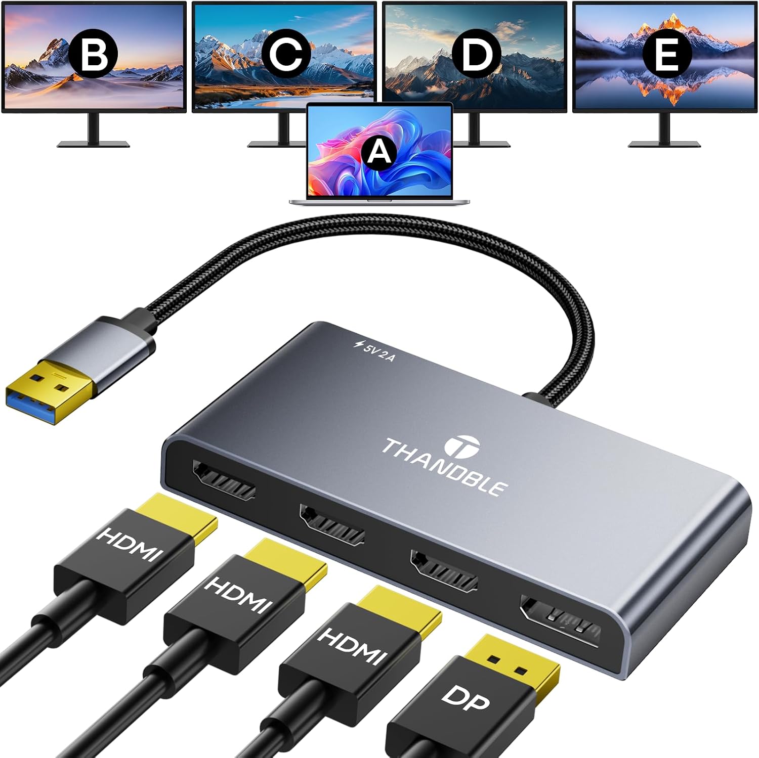 USB 3.0 to Quad HDMI with DisplayPort Adapter, 1080P@60Hz USB Type-A to 4 HDMI Monitor Converter, External Video Graphics Card, HDMI Splitter Extended Display for Mac/Win for Laptop, Desktops