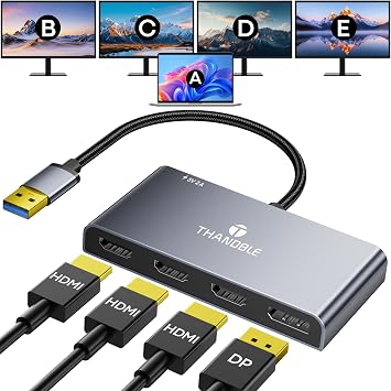 USB 3.0 to Quad HDMI with DisplayPort Adapter, 1080P@60Hz USB Type-A to 4 HDMI Monitor Converter, External Video Graphics Card, HDMI Splitter Extended Display for Mac/Win for Laptop, Desktops