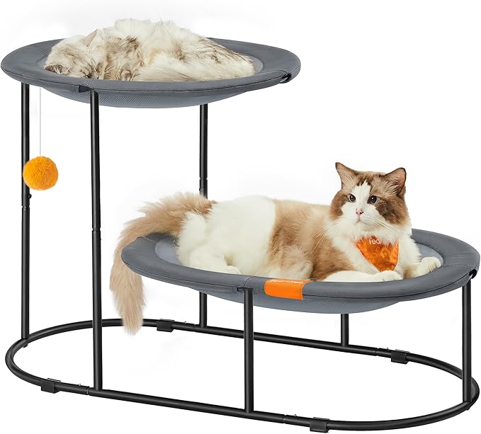 Feandrea Cat Bed, 2-Tier Elevated Cat Bed, Breathable Cat Hammock for Multi-Cat Households, Indoor Cats, with Removable Washable Mesh, Steel Frame, for Summer, Dove Gray UPCB012G01