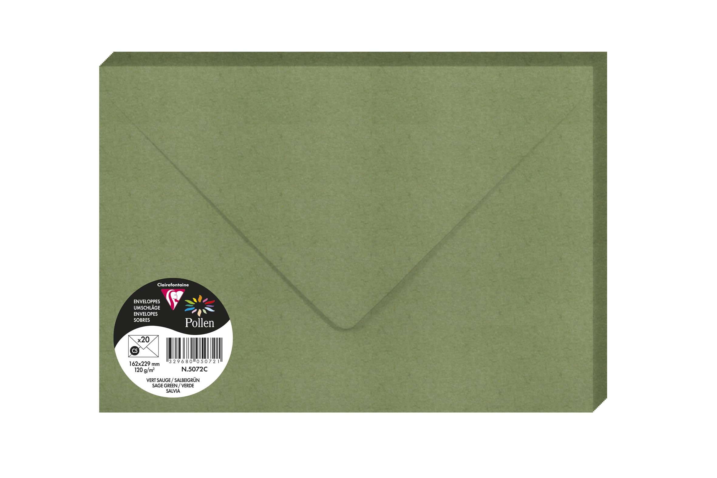 Clairefontaine 5072C – Paquete de 20 sobres borrados – Tamaño C5 16,2 x 22,9 cm – 120 g/m² – Color verde salvia – Invitación para eventos y correspondencia – Gama Polen – Papel premium liso