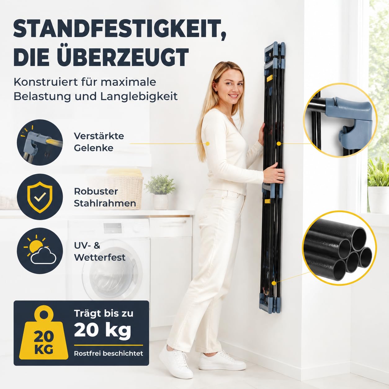 Wäscheständer ausziehbar 20m Trockenfläche – XXL Standtrockner klappbar mit Rollen & Klemmen, für 2 Waschladungen, Balkon & Innen