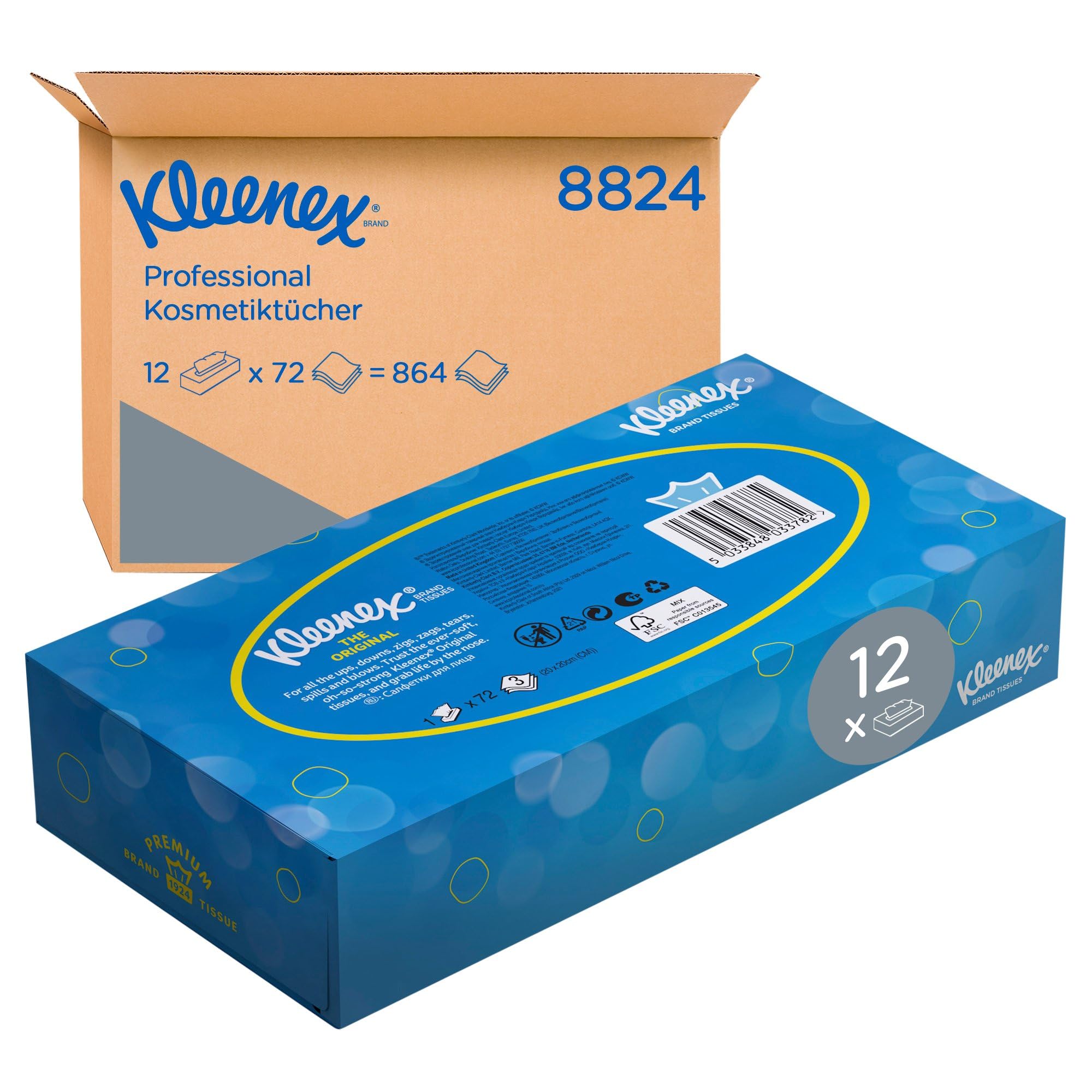 Kleenex Kosmetiktücher in Taschentücher Box, 3-lagige weiße Papiertücher, Dermatologisch getestet und FSC-zertifiziert, parfümfrei - 12 x 72 (864 Papiertaschentücher), Artikel-Nr. 8824