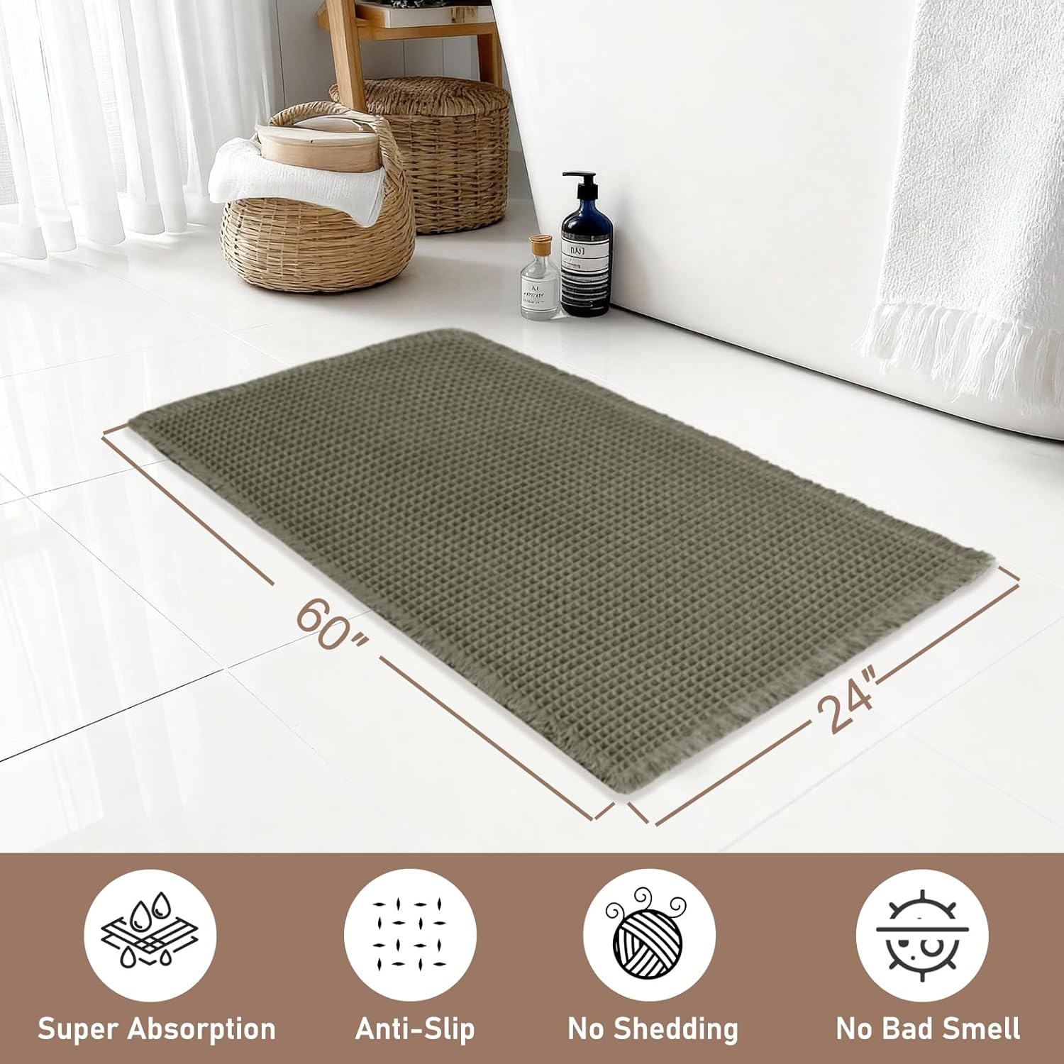 Hiasan Waffle Bath Mat, Super Absorbent Non Slip Bathroom Boho Rug with Tassels, Machine Washable Bath Mats for Bathroom, Ultra Soft Rubber Backed Rug, Grayish Green, 24 x 60 Inches