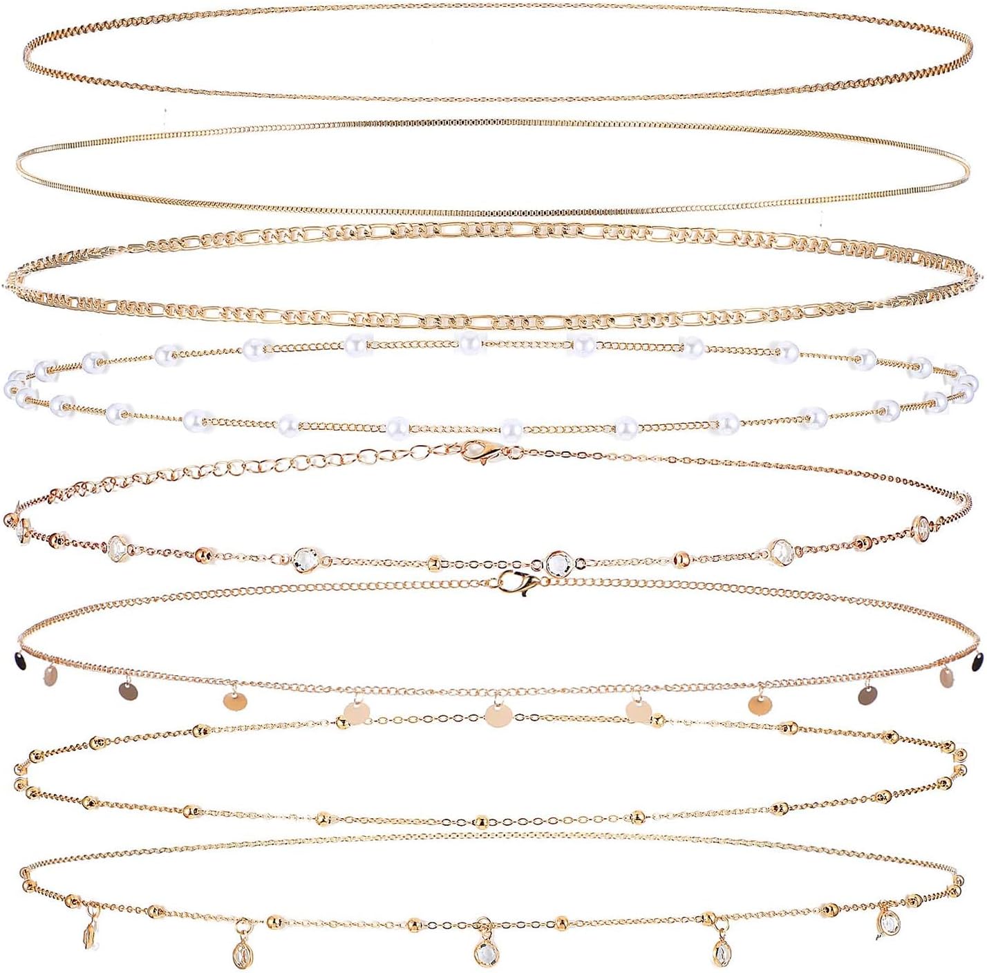 8Pcs Waist Chain 18K Gold Plated Belly Chain Adjustable Sexy Bikini Summer Beach CZ Pearl Snake Bead Sequin Sexy Body Chains Jewelry Accessories for Women