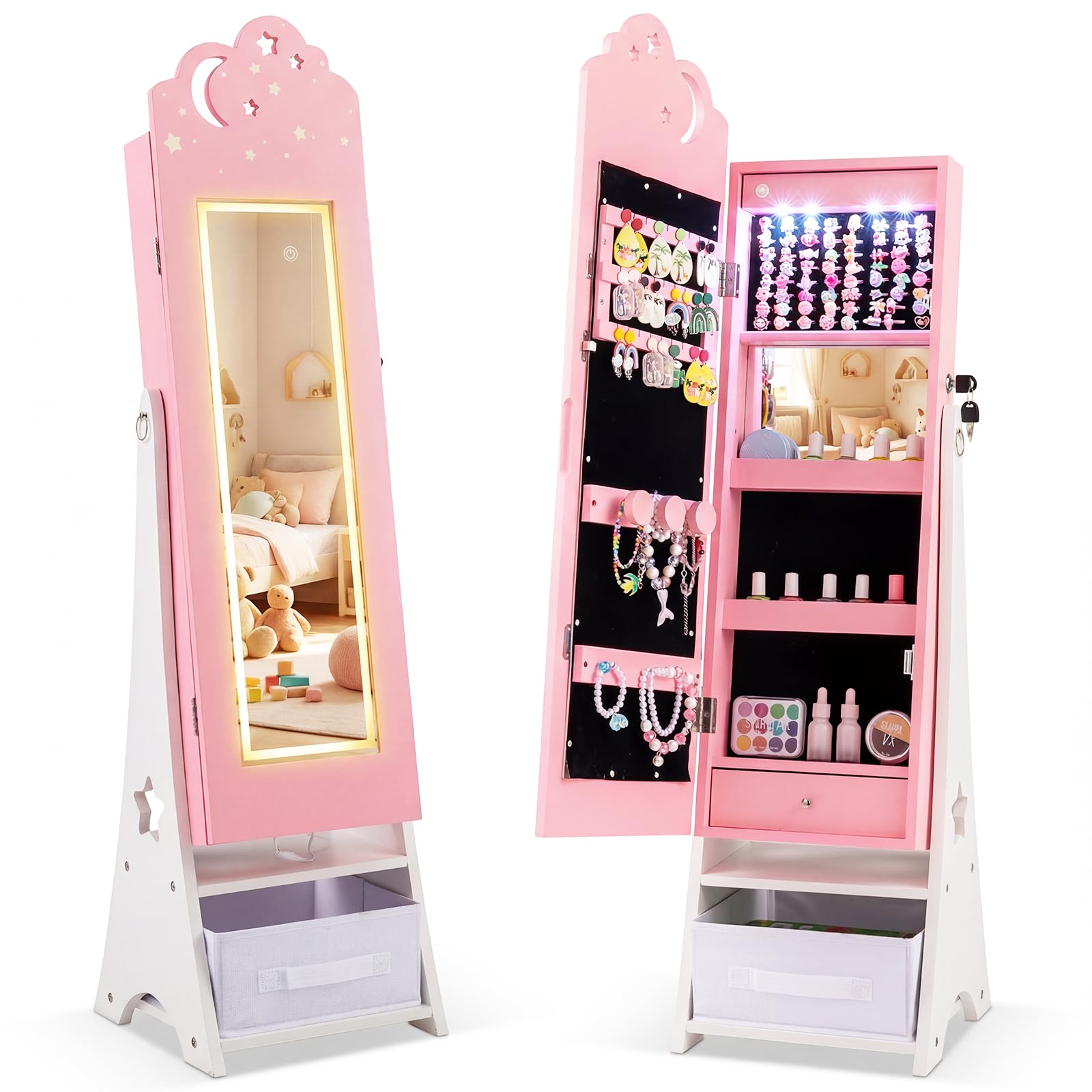 COSTWAY Armario para Joyas Infantil con Luces, Armario Joyero de Pie para Niñas con Espejo de Cuerpo Entero, 4 Luces con Sensor, Espejo Joyero para Princesas para Dormitorio Sala de Juegos (Rosa)