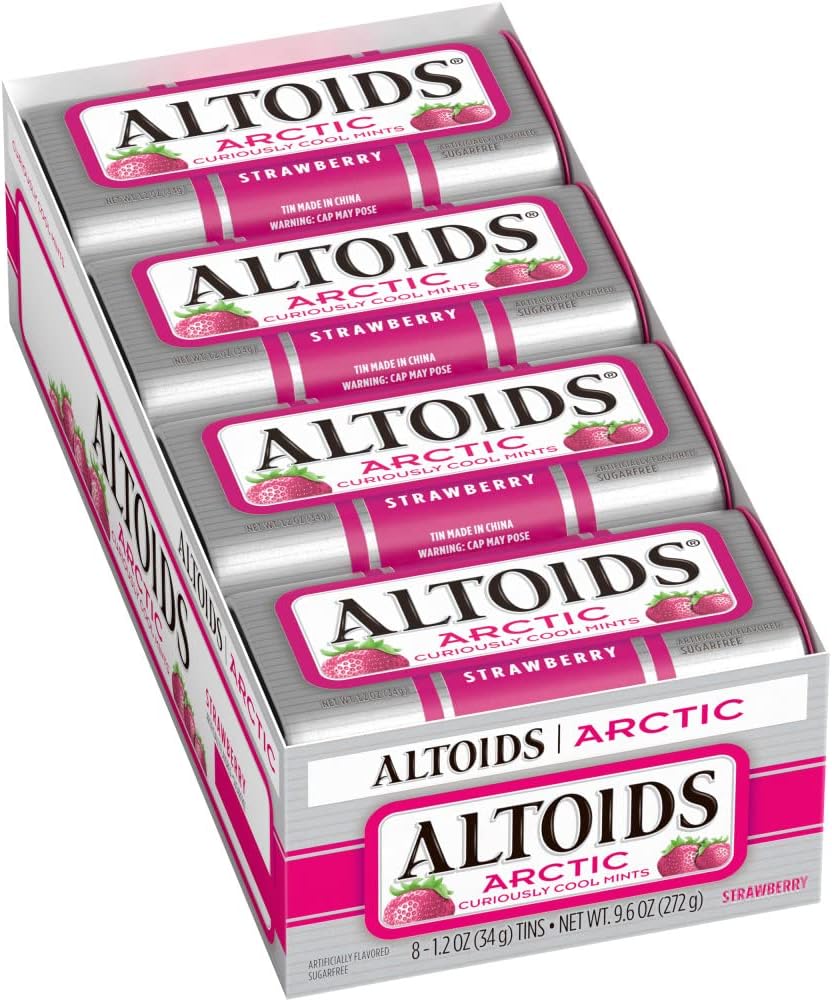Arctic Strawberry Breath Mints Hard Candy Bulk, 1.2 oz Tin (Pack of 8)