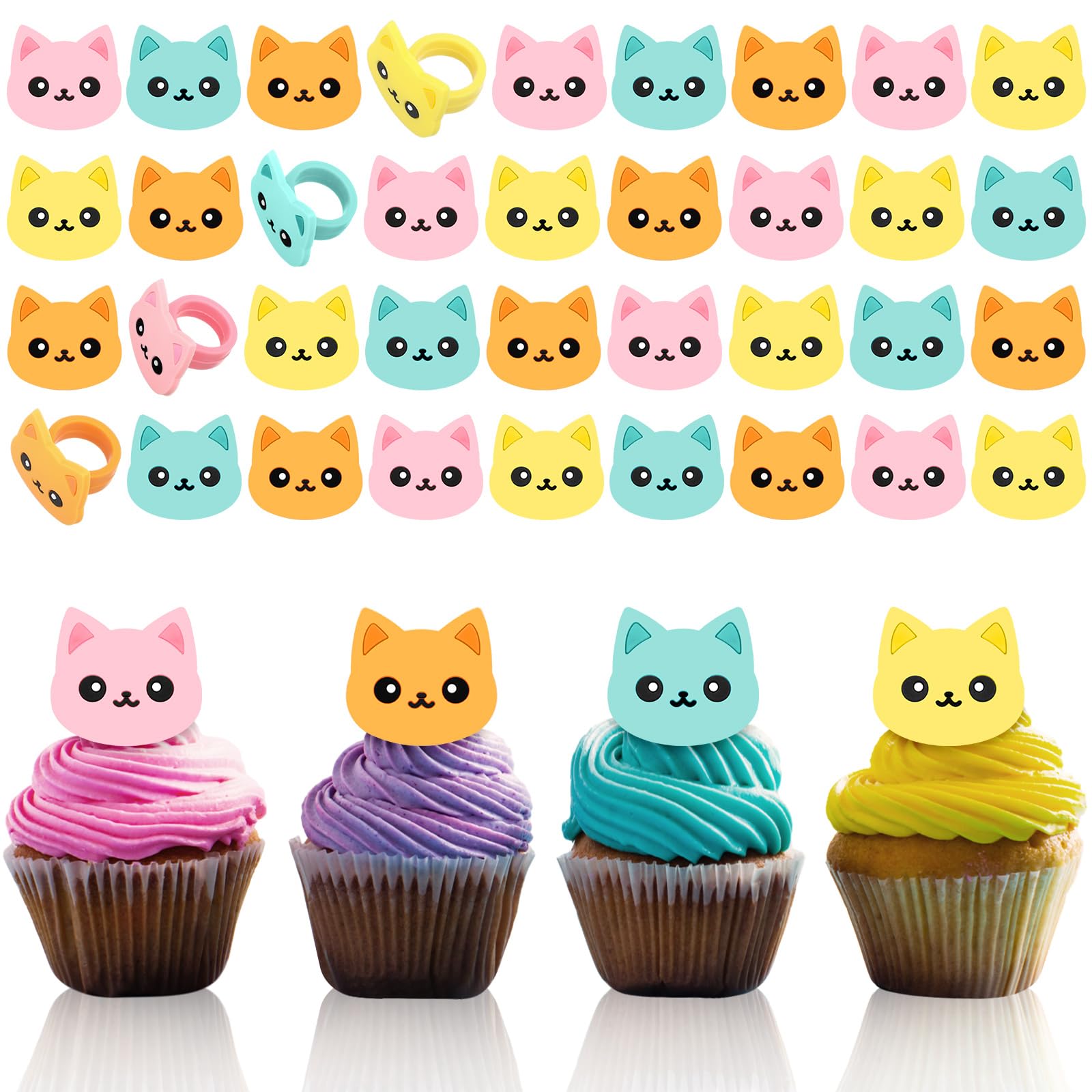 Chuangdi 48 Pieces Cat Cupcake Rings Cute cake Toppers Rings Colorful Cat Birthday Cupcake Decorations for Pet Themed Party Supplies, 4 Styles