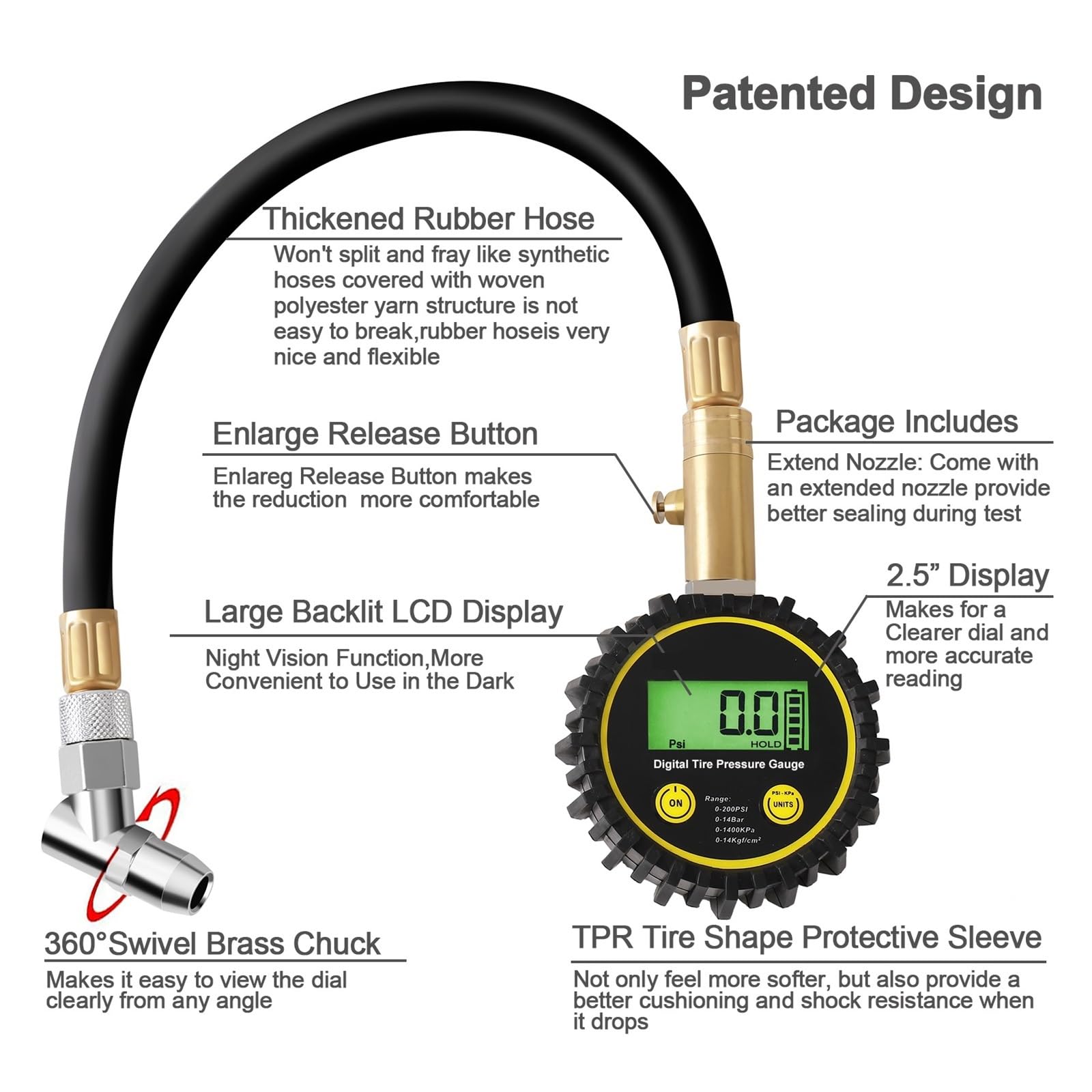 Manómetro de neumáticos Manómetro De Presión De Neumáticos De Coche, 200 PSI, con Manguera Flexible Y Pantalla LCD Retroiluminada, Manómetro Digital For Coche, Camión, SUV