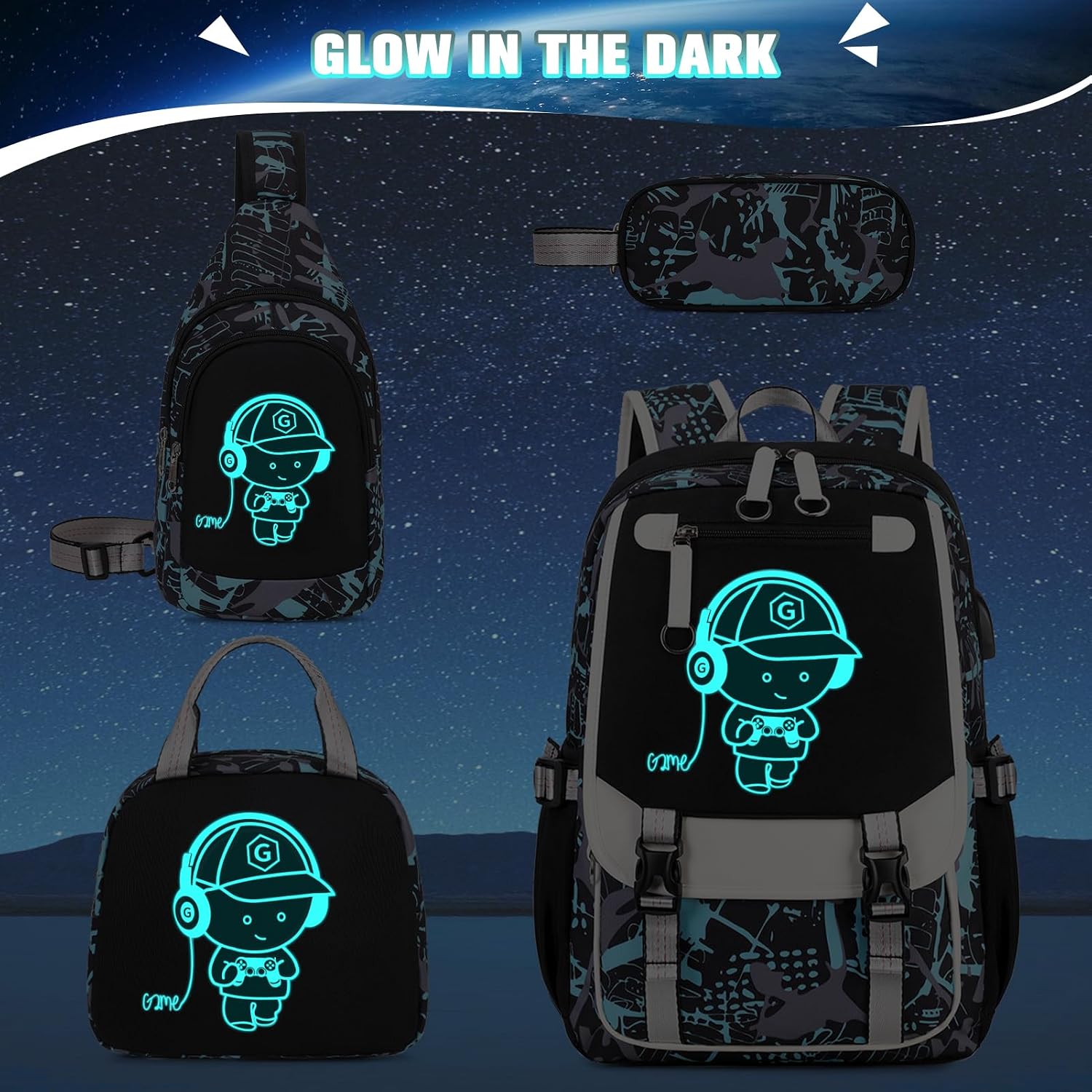 Bevalsa Backpack for Boys, Cool Luminous Boys Backpack with Sling Bag, Lunch Box & Pen Case, School Bags for Kids Children Teens Elementary Middle Schools, Bookbag Glow In The Dark (Green)