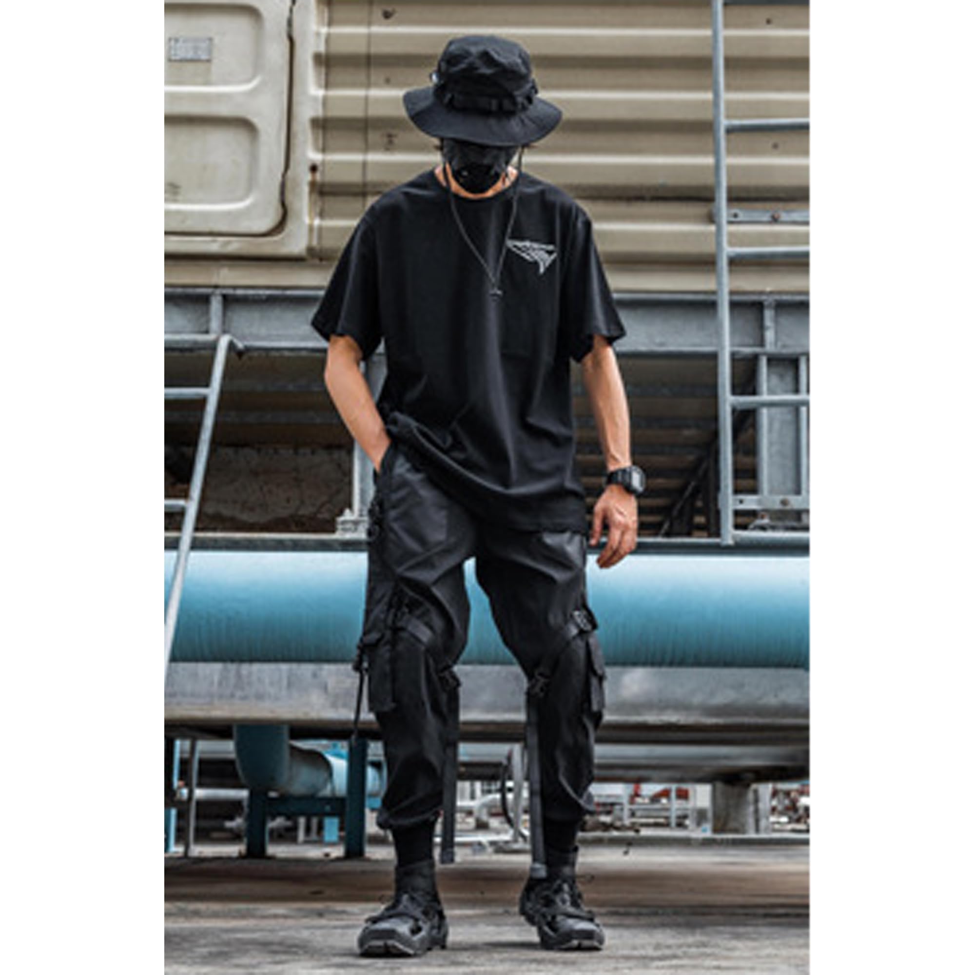 XYXIONGMAO Dunkle Herren-Cargohose, Cyberpunk-Hose, Gothic-Hose für Herren, japanische Cargohose mit Trägern, taktische Tech-Cargohose
