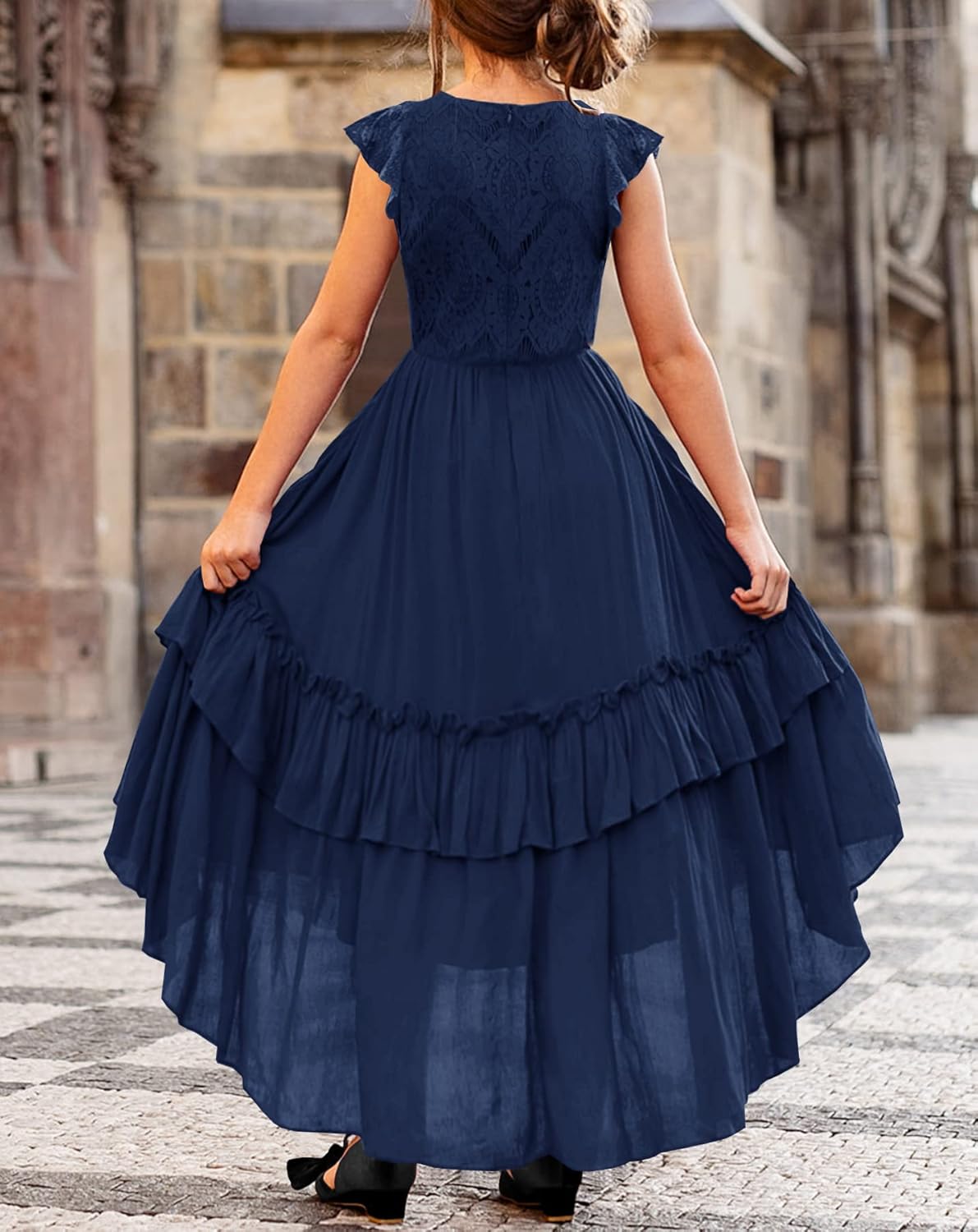 HOSIKA Girls Lace Boho Flower Girl Dress Ruffle Sleeve A-Line Formal Dresses for Wedding Party 6-12 Years - Image 5