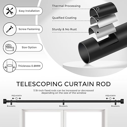 Miniatura 6 de Barras de cortina negras para ventanas de 28 a 48 pulgadas (2.3-4 pies), barra de cortina resistente de 1 pulgada de diámetro, postes de cortina