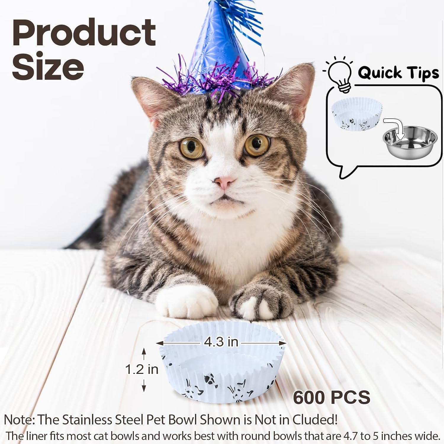 600 Pcs Disposable Cat Bowls Liners Bulk Disposable Cat Food Bowl Disposable Pet Bowls Liners for Puppy Kitten Small Dogs Cats Small Paper Bowls Liners for Dry and Wet Food (White, Cat Face Print)