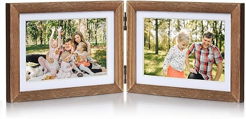 Miniatura 21 de Marco de Fotos de Madera Doble con Bisagras 5X7 Vertical y Horizontal en Veta de Madera Envejecida Estilo Granja, Muestra 4x6 con Paspartú o 5x7 sin