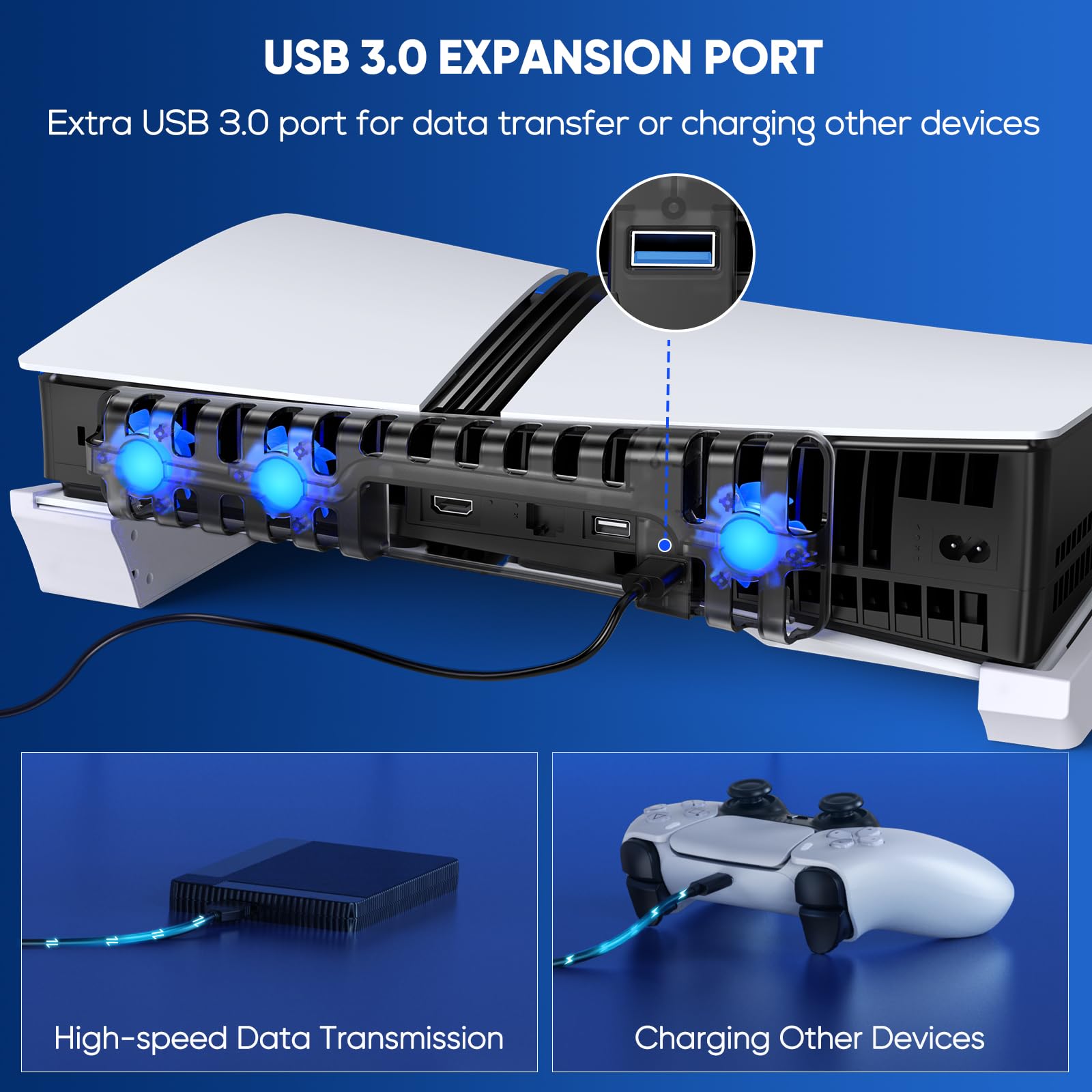 FASTSNAIL Horizontaler Ständer & Lüfter für PS5 Pro/Slim Digital/Disc, Standfuß mit USB 3.0 Port, Automatische Geschwindigkeitskontrolle LED Kühler，Zubehör für PS5 Slim/Pro(Weiß)
