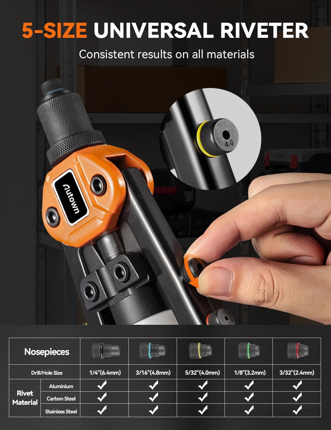 AUTOWN Professional Rivet Gun Kit with 5 Drill Bits & Magnetic Wristband - Heavy Duty Two-Handed Riveter for Metal, Gutter, Automotive - Includes 210 Assorted Rivets