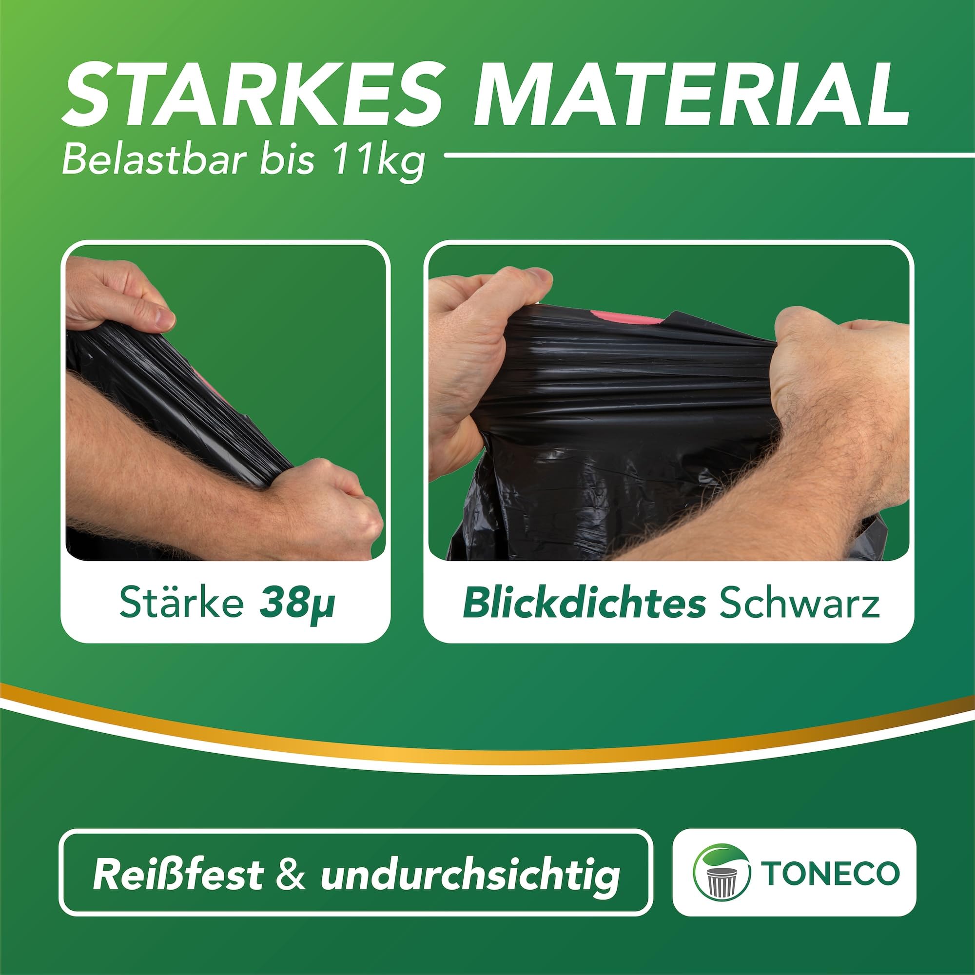 Toneco Müllbeutel 60L - MIT ZUGBAND - EXTRA BREIT & EXTRA STARK - 50 Beutel - reißfest & dicht - stabile Müllsäcke 60L - Fixierband Mülltüten -100% recycelt - für den Hausmüll - 2 Rollen à25 (50)