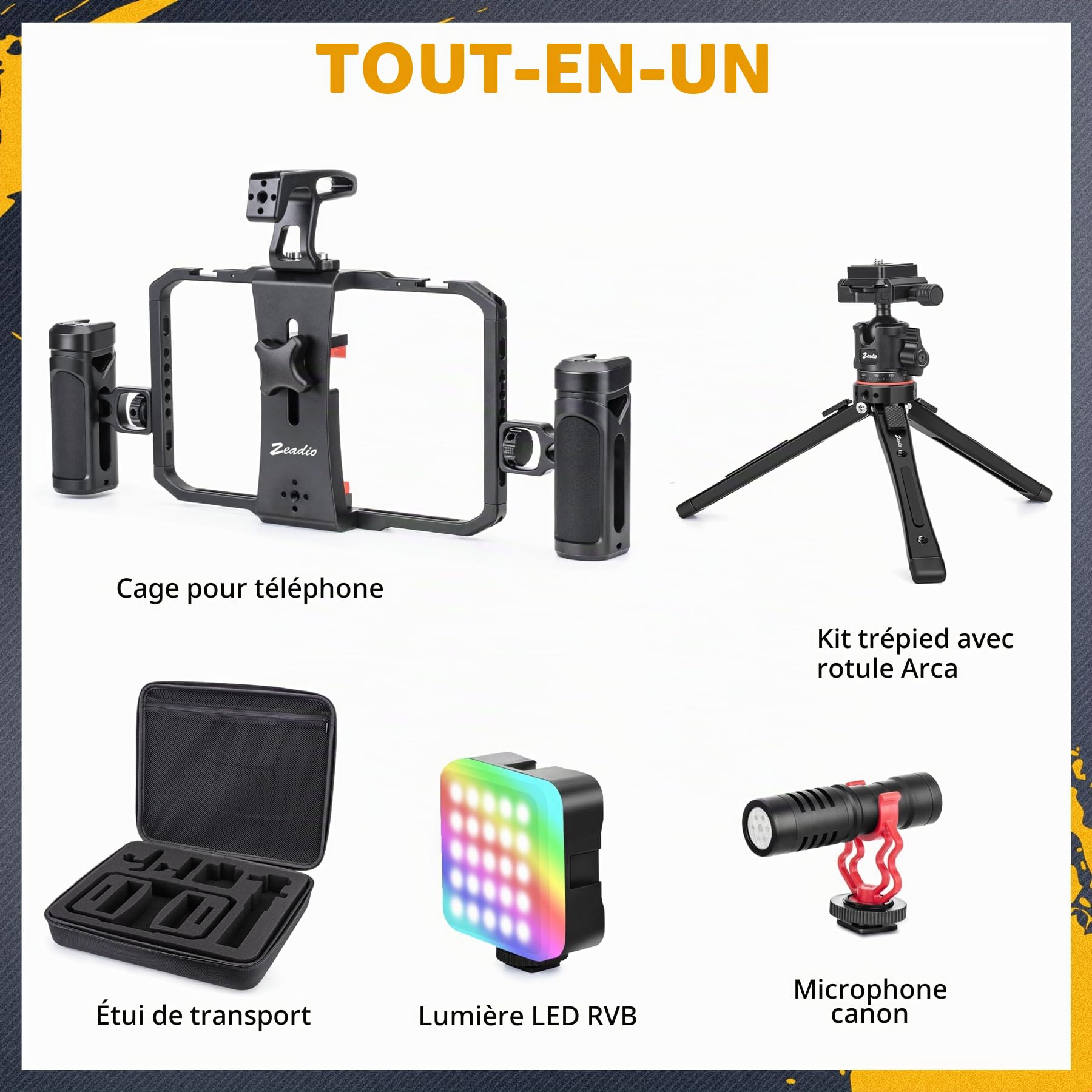 Zeaido Kit Vlogging Vidéo Tout-en-Un pour Smartphone, Cage Vidéo Polyvalente avec Éclairage RGB, Micro, Trépied à Rotule Arca et Stabilisateur – Idéal pour Youtube, TikTok et Streaming en Direct etc