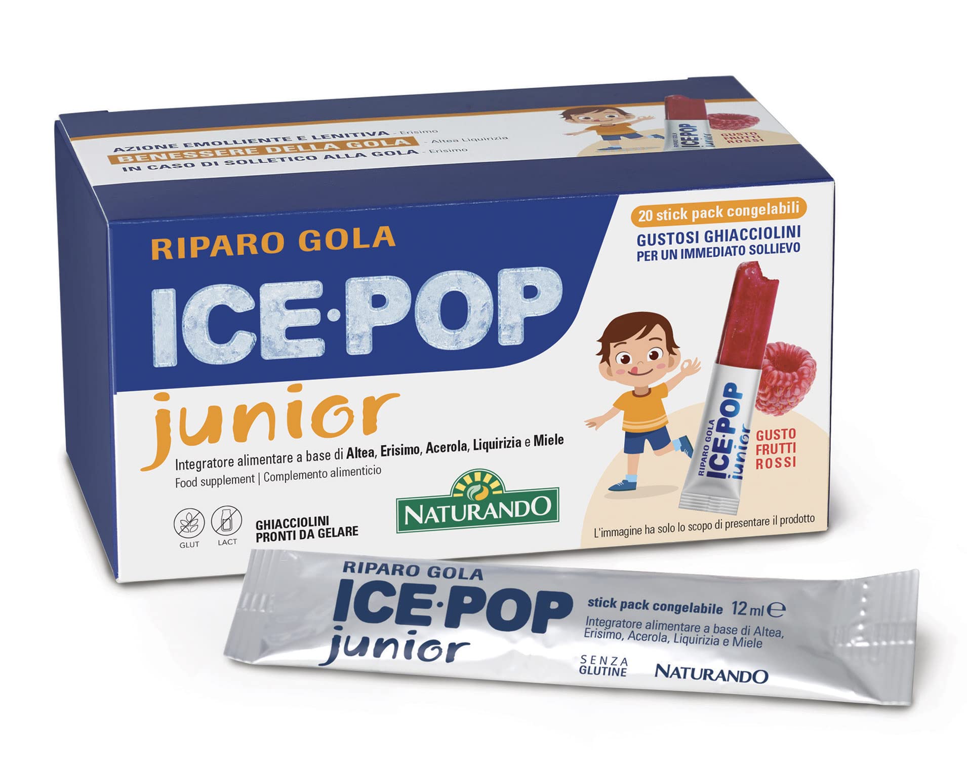 Naturando Riparo Gola Ice Pop Junior per Fastidi Gola Bambini con Miele, Altea, Acerola, Erisimo, Liquirizia - 20 Stick Gusto Frutti Rossi