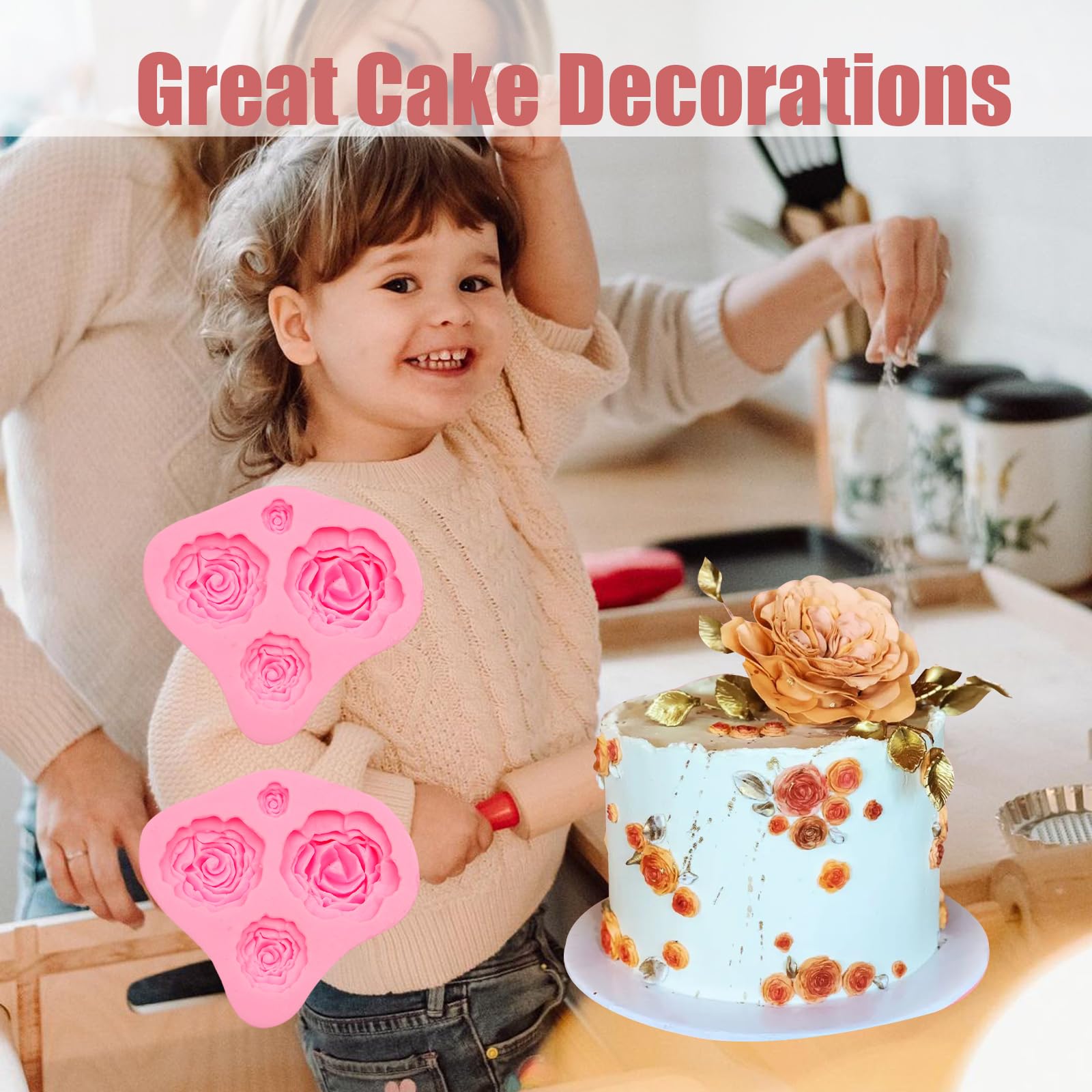2 moldes de silicona con diseño de rosas y flores, para fondant, chocolate, fondant, decoración de pasteles, caramelos, cupcakes, arcilla polimérica, manualidades, resina epoxi