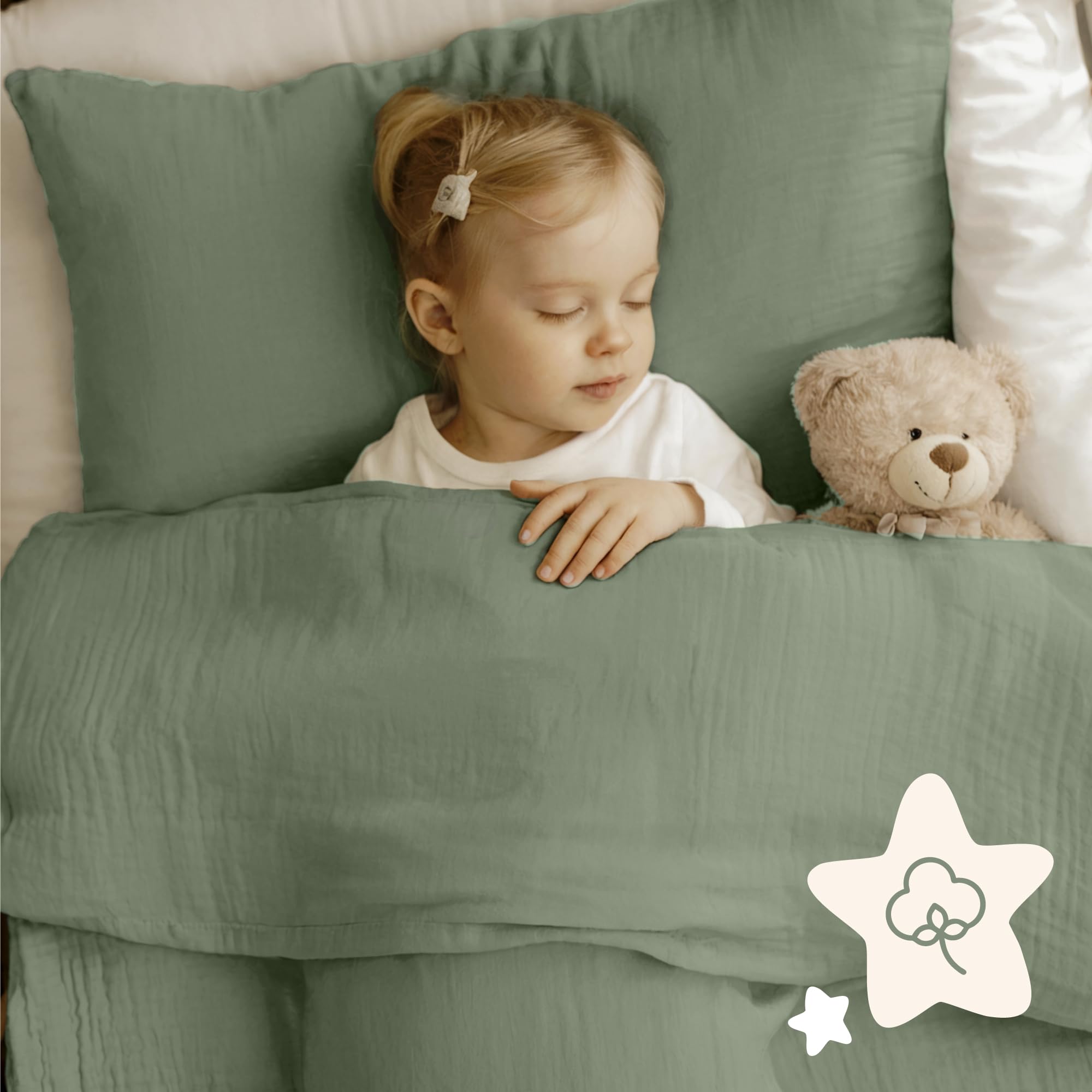Dreamzie Parure de Lit 100x135 Enfant en 100% Coton - Housse de Couette Gaze de Coton 100x135 cm + Taie d'oreiller 40x60 cm, Certifié Oeko-TEX - Couleur Vert