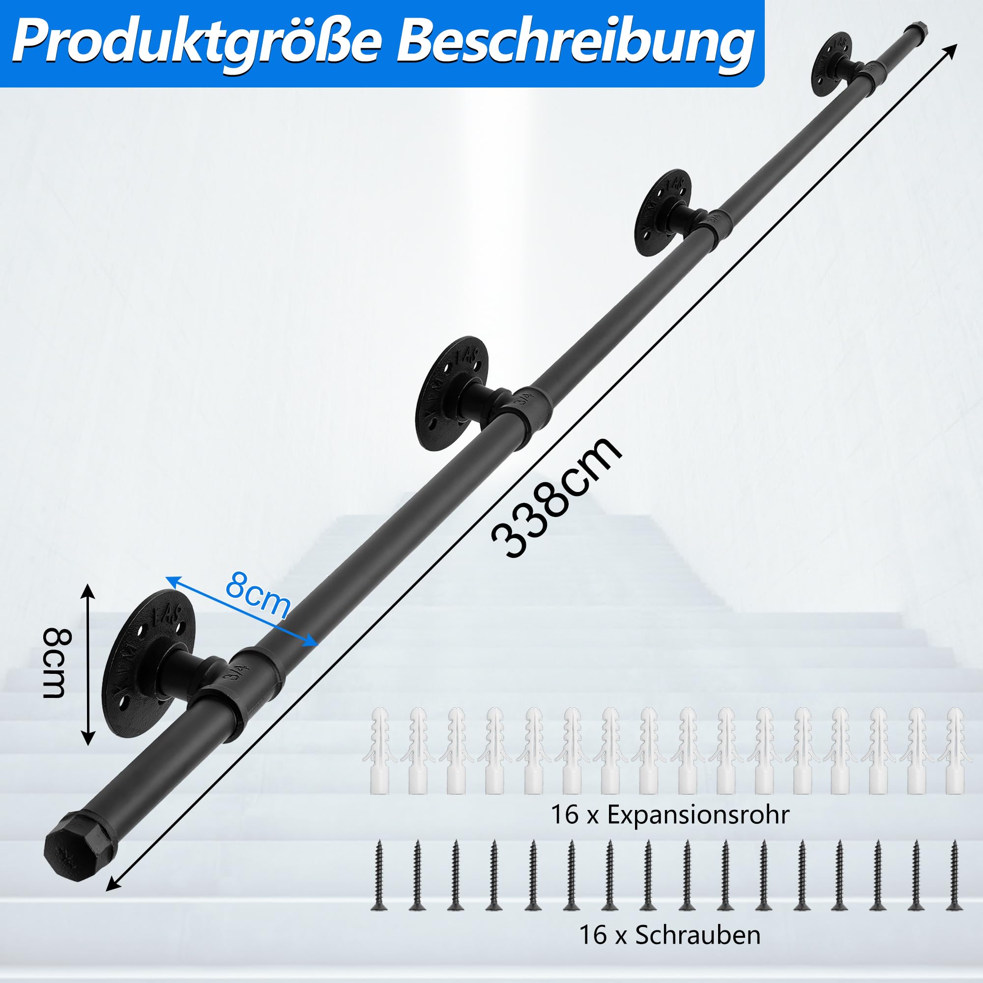 OUUTMEE Corrimano da 335 cm, in ferro battuto, calibro: Ø 25 mm, adatto per interni ed esterni, ringhiere per scale, con supporto a parete e tappi terminali