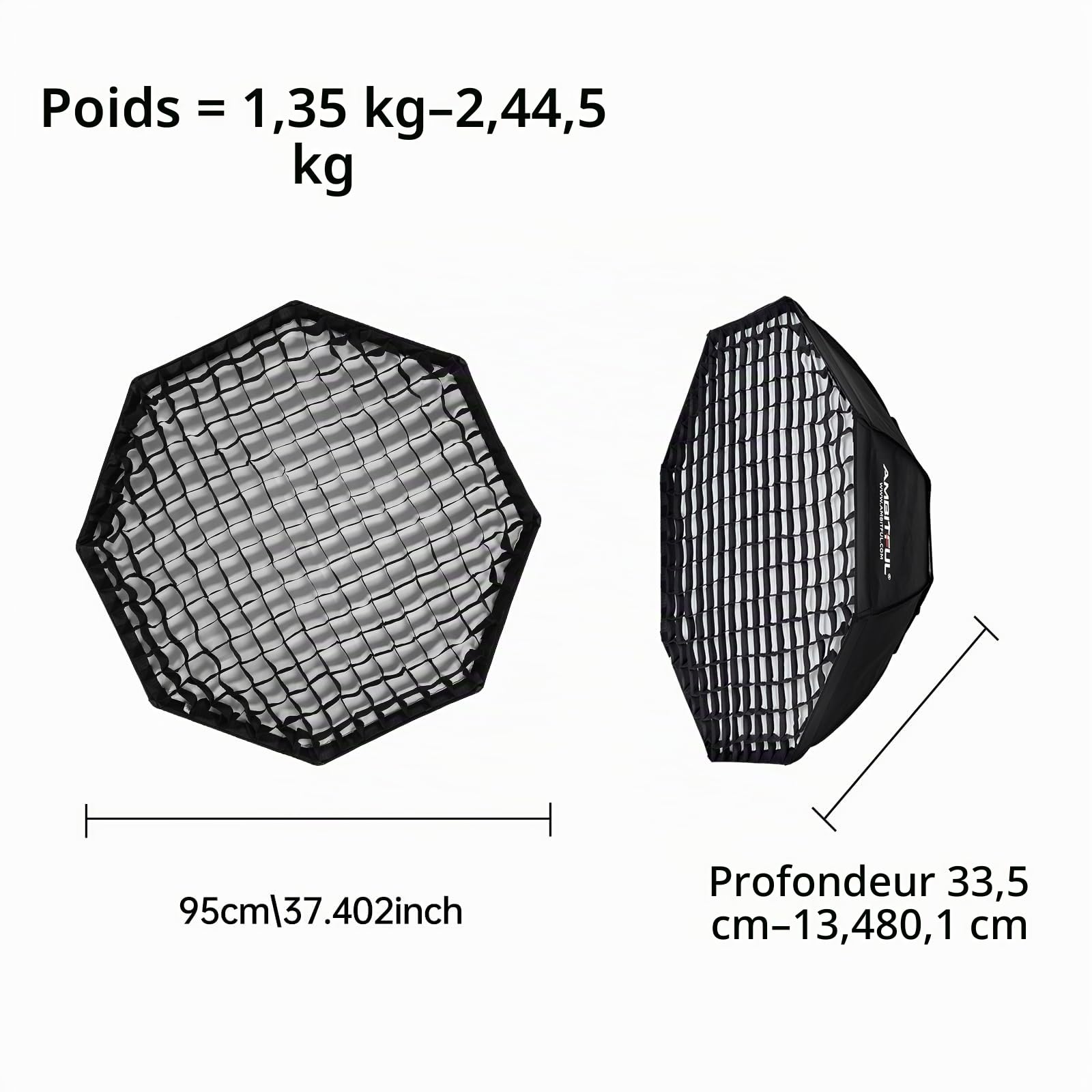 AMBITFUL FW95/37.4in Softbox Octagon Honeycomb Grid Bowens softbox, with Honeycomb Grid + Carrying Bag, for Bowens Mount Lamp (95cm)