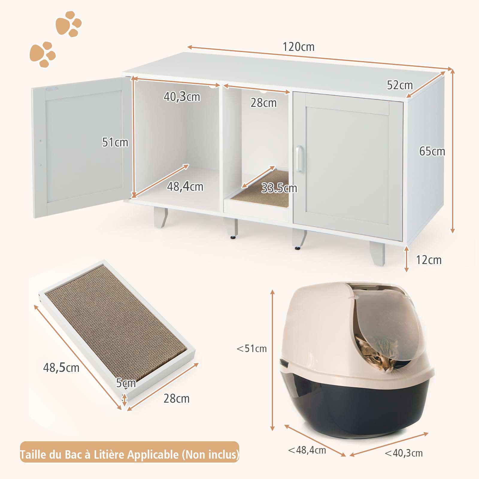GOPLUS Meuble Litiere Chat 3 en 1, Maison de Toilette Chat en Bois 52x120x65CM, Cache Litiere avec 2 Porte, Pieds Réglables, Planche à Griffer Détachable, Trou de Ventilation, Table TV, Moderne