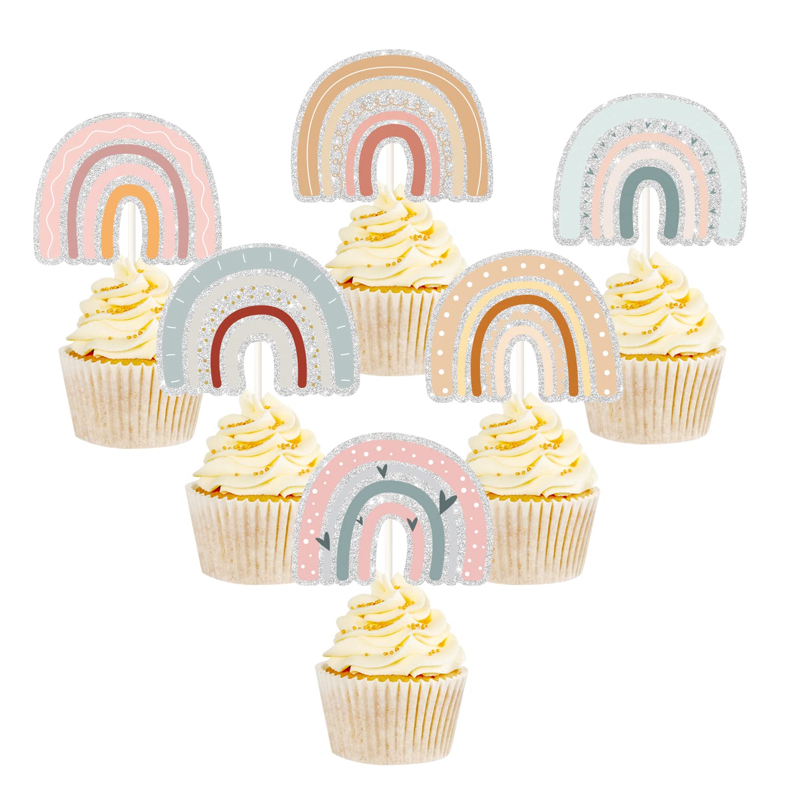 Boho Rainbow Cupcake Toppers, Boho Rainbow Baby First Birthday Cupcake Decor - Rainbow Baby Shower Wedding Party Decoration -18 PCS