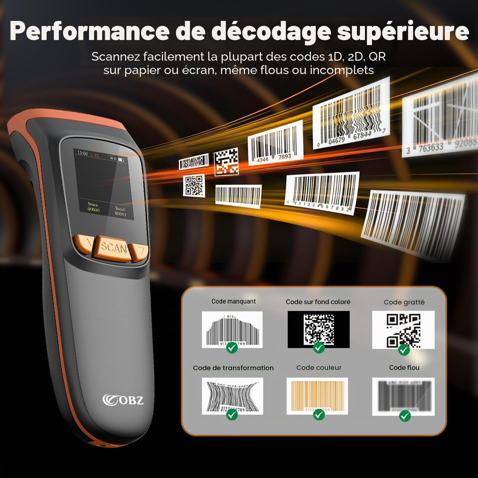 OBZ Lecteur de Codes-Barres sans Fil Grand Écran LCD, Scanner Bluetooth 2.4G/USB, Douchette QR Code 1D/2D, Configuration par Écran et Boutons, Mémoire Hors Ligne pour Inventaire, Magasin, Entrepôt