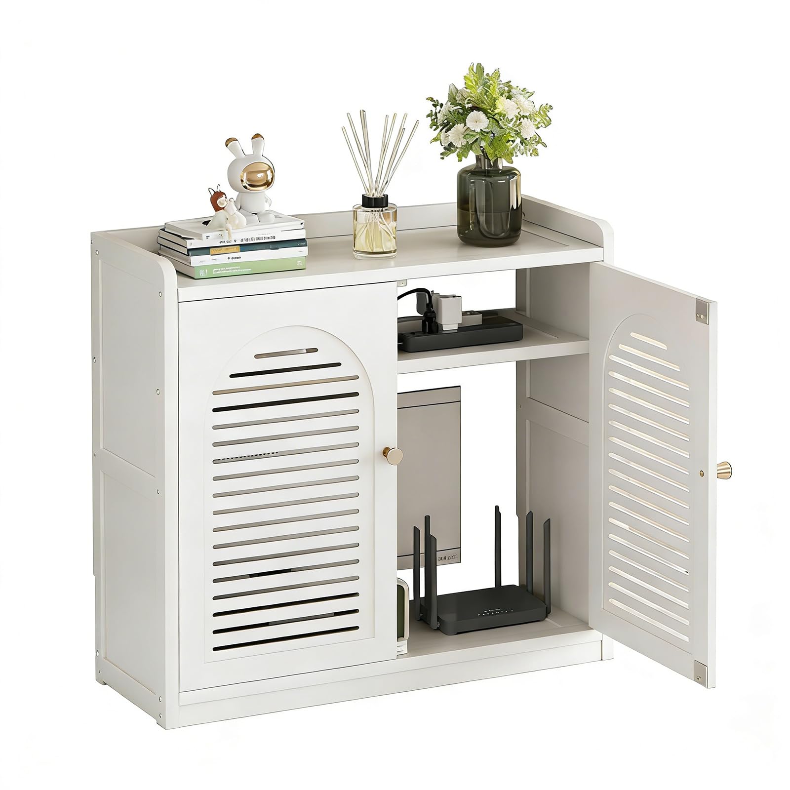 Caja Organizadora de Router y Cables, Armario de Router de Bambú con Puerta, Estante de Almacenamiento para Enrutador WiFi y Decodificador TV, Ideal para Casa y Oficina(Color:Blanco)
