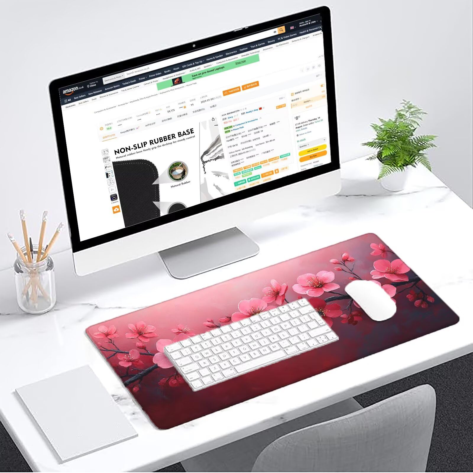 Różowa podkładka pod mysz dla graczy XXL 1200 x 600 mm mata biurkowa podkładka pod mysz kwiaty wodoodporna akcesoria biurowe do gier szyte krawędzie poprawia precyzję i szybkość najlepszy wybór gier